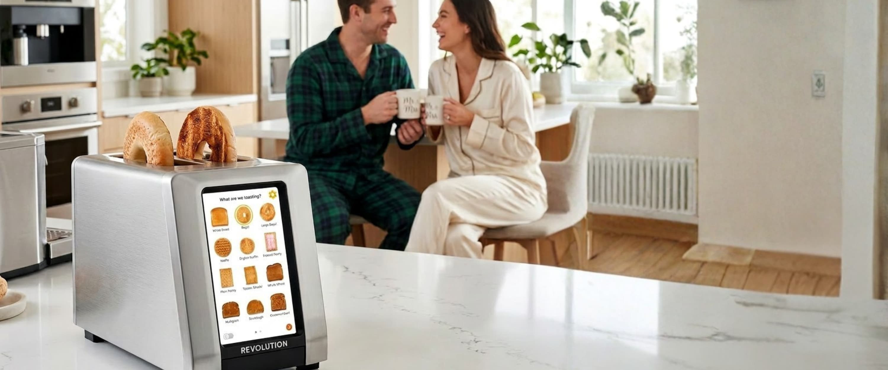 Modern newlywed couple making breakfast in a bright kitchen using a sleek touchscreen smart toaster, illustrating a high-end wedding gift under $500