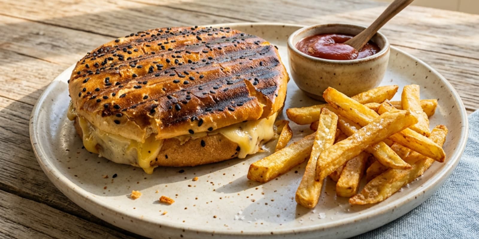 Crispy pressed smashburger melt with double beef patties, melted American and Colby Jack cheese, pickles, and tomato on a toasted sesame seed bun made in the Revolution Toastie Press™.