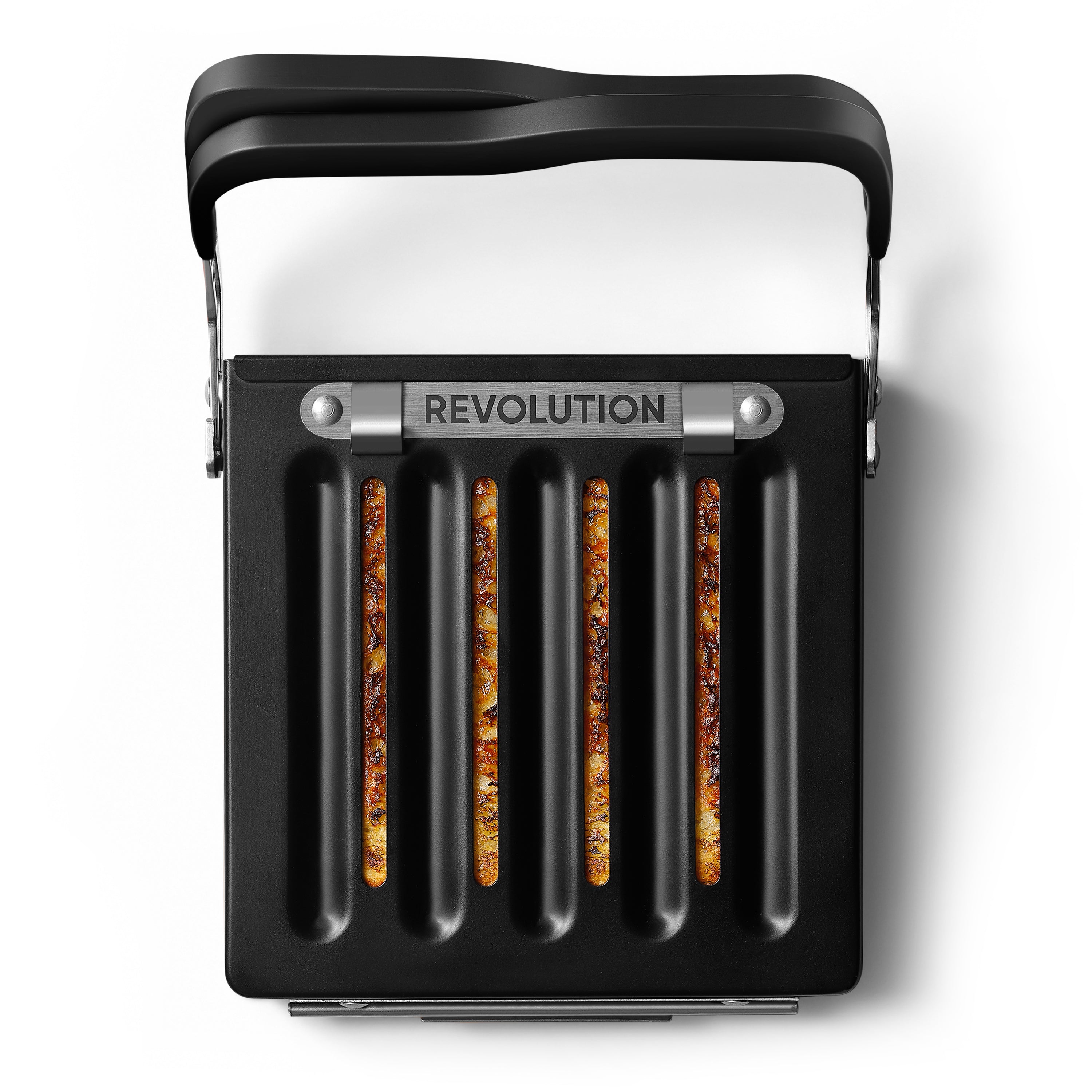 Close-up of the Revolution Cooking Revolution Toastie Press with its lid open, featuring five ridged cooking slots holding a golden-brown grilled sandwich. Ideal for creating delicious toasted sandwiches or quesadillas, the black curved handle ensures an ergonomic grip.