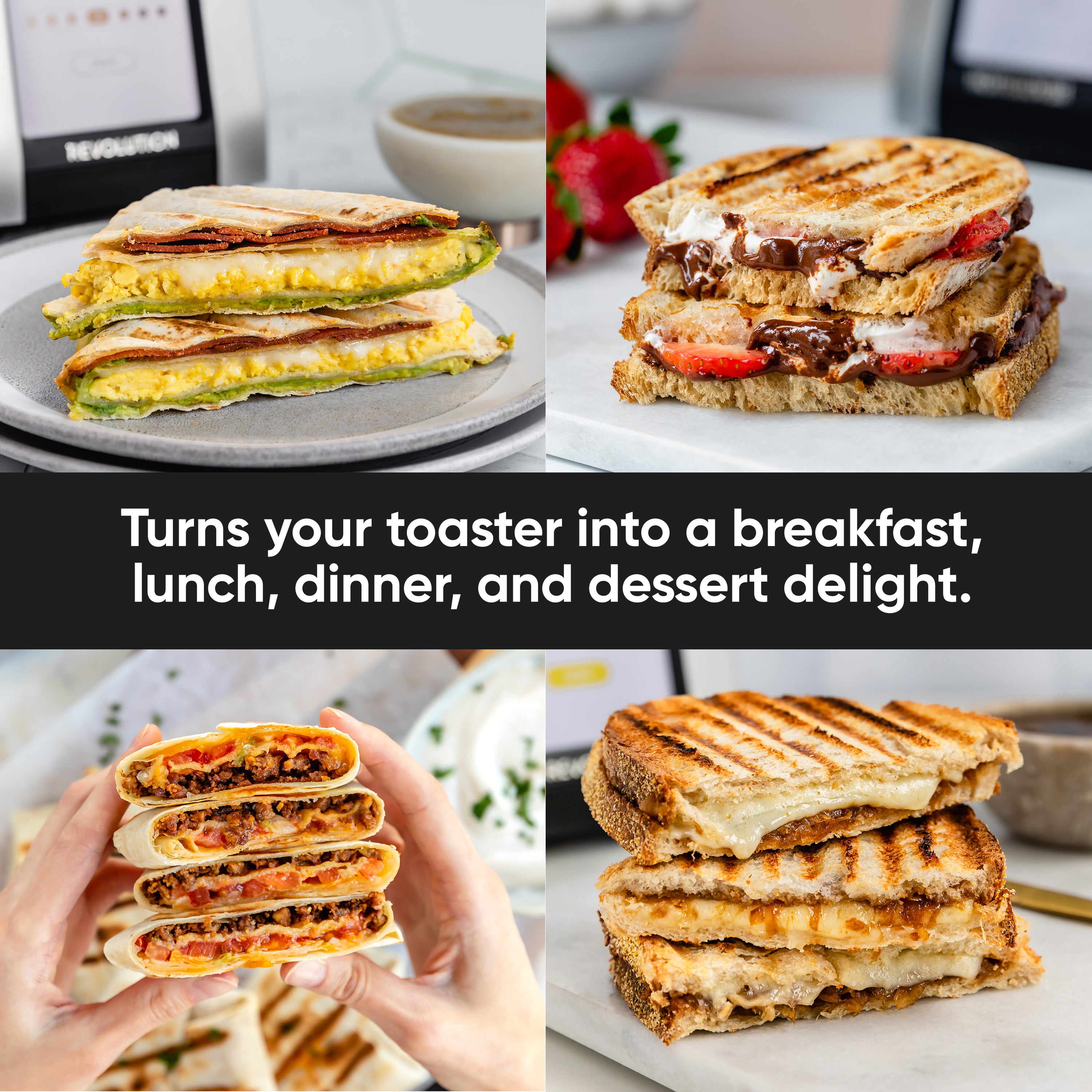 A collage of four images featuring an assortment of toasted sandwiches and quesadillas, each filled with a variety of ingredients such as eggs, vegetables, cheese, and meats. The text at the bottom reads, "Revolution Toastie Press by Revolution Cooking: Turns your toaster into a breakfast, lunch, dinner, and dessert delight.