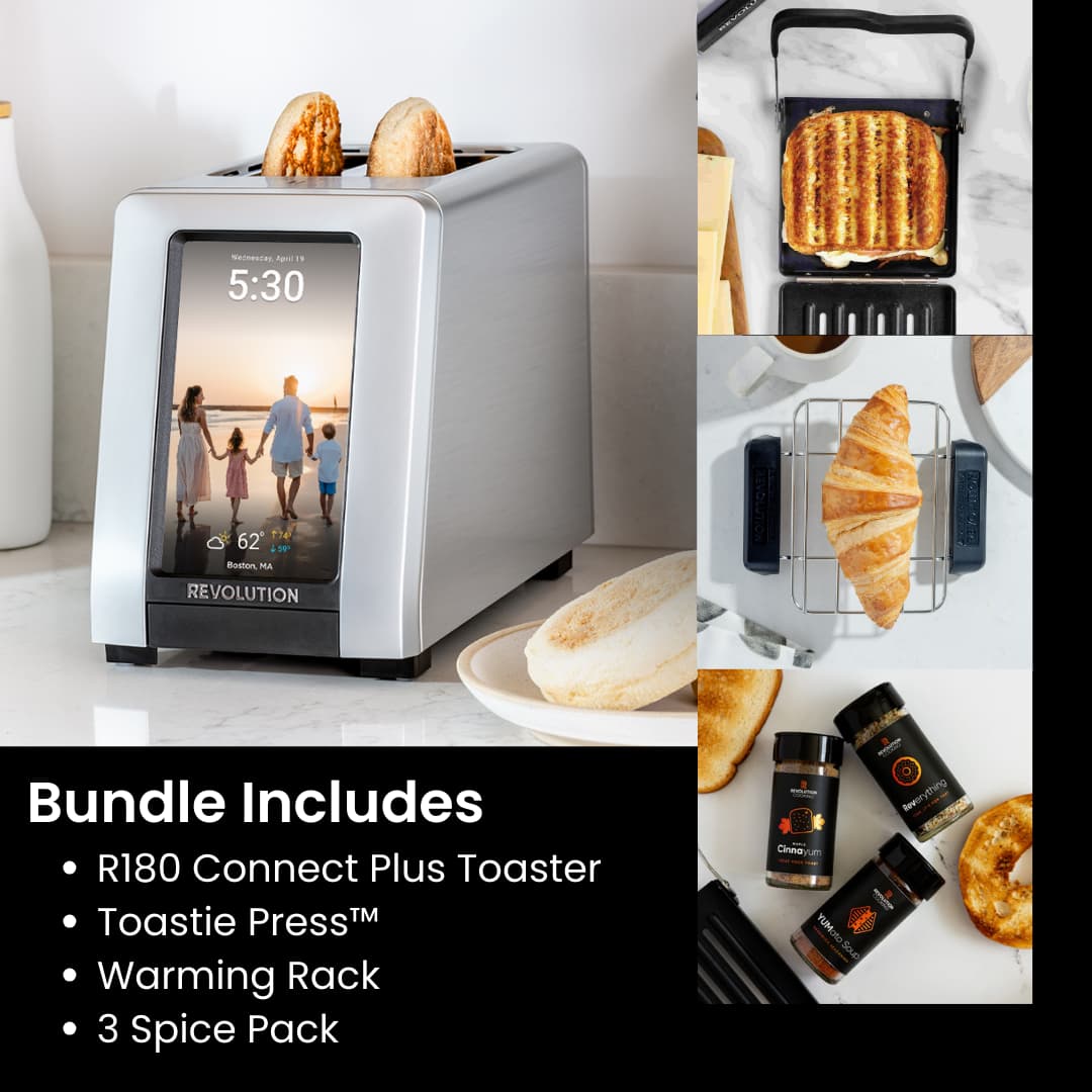 The Revolution Cooking R180 Connect Plus Smart Toaster with Toastie Press, warming rack, and 3-spice pack features a digital screen for perfect toasting. Shown: grilled sandwich, croissant on rack, spice jars.