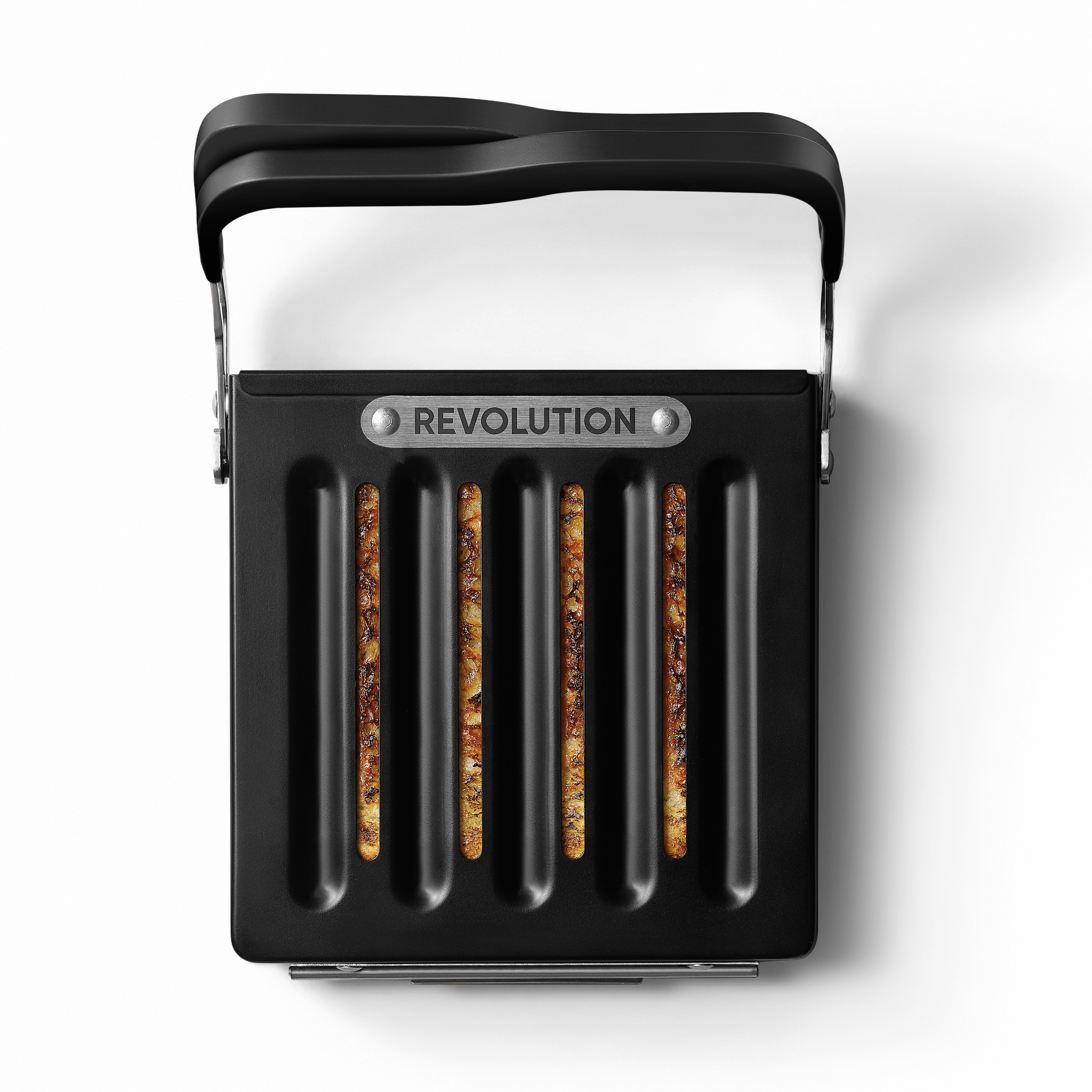 A Revolution Cooking R180 Connect Plus Smart Toaster + Toastie Press, black, holds four browned sausage links inside, viewed from above on a white background.