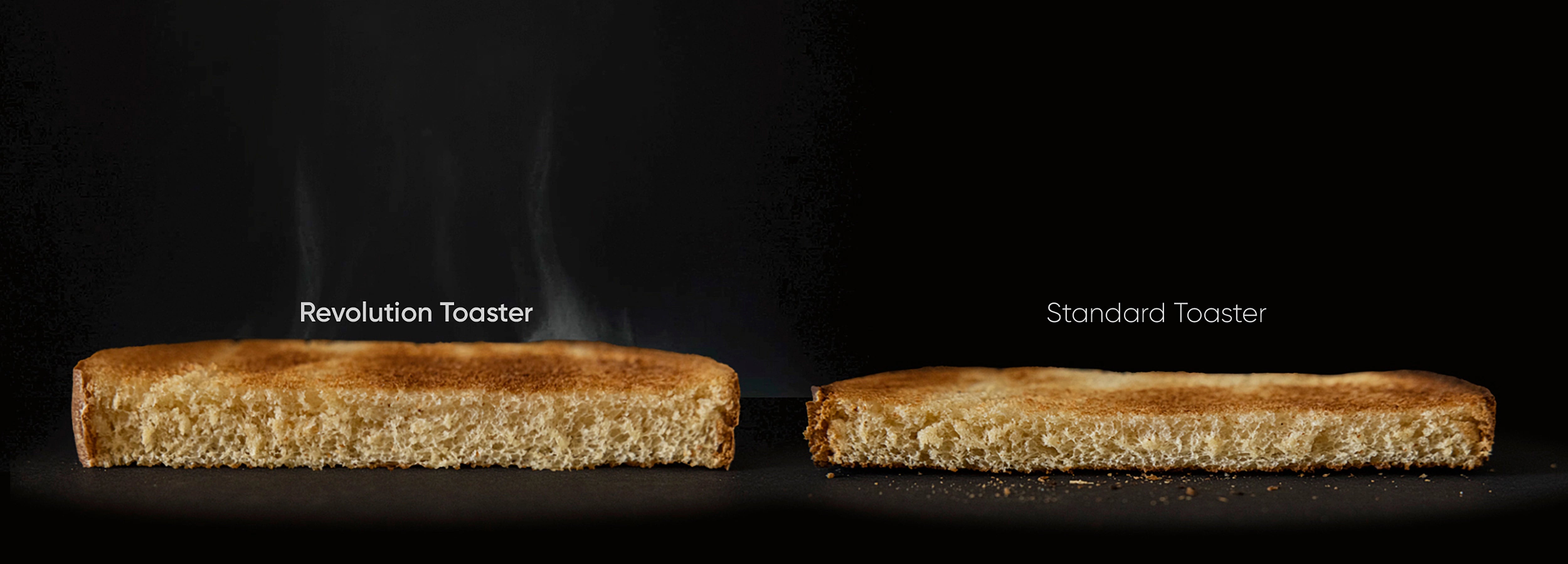 Comparison of two slices of toast: the left is browned evenly (labeled "Revolution Toaster"), while the right is less evenly toasted (labeled "Standard Toaster"). Both are placed against a dark background.
