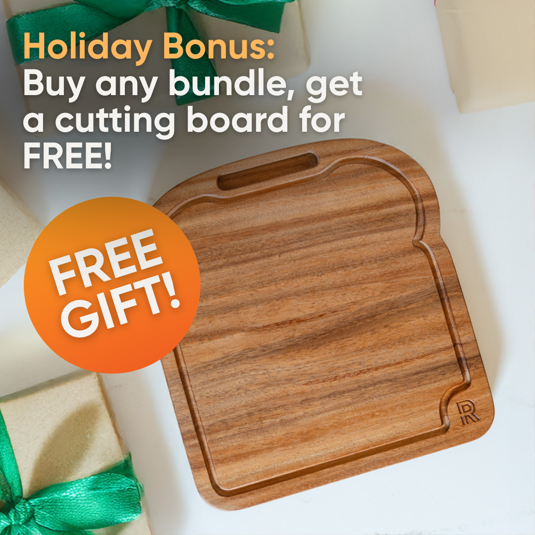 A hand-made, toast-shaped Hardenbrook Hardwoods Cutting Board is displayed on a white surface with wrapped gifts. Text reads: "Holiday Bonus: Buy any bundle, get a FREE Hardenbrook Hardwoods Cutting Board! FREE GIFT!.