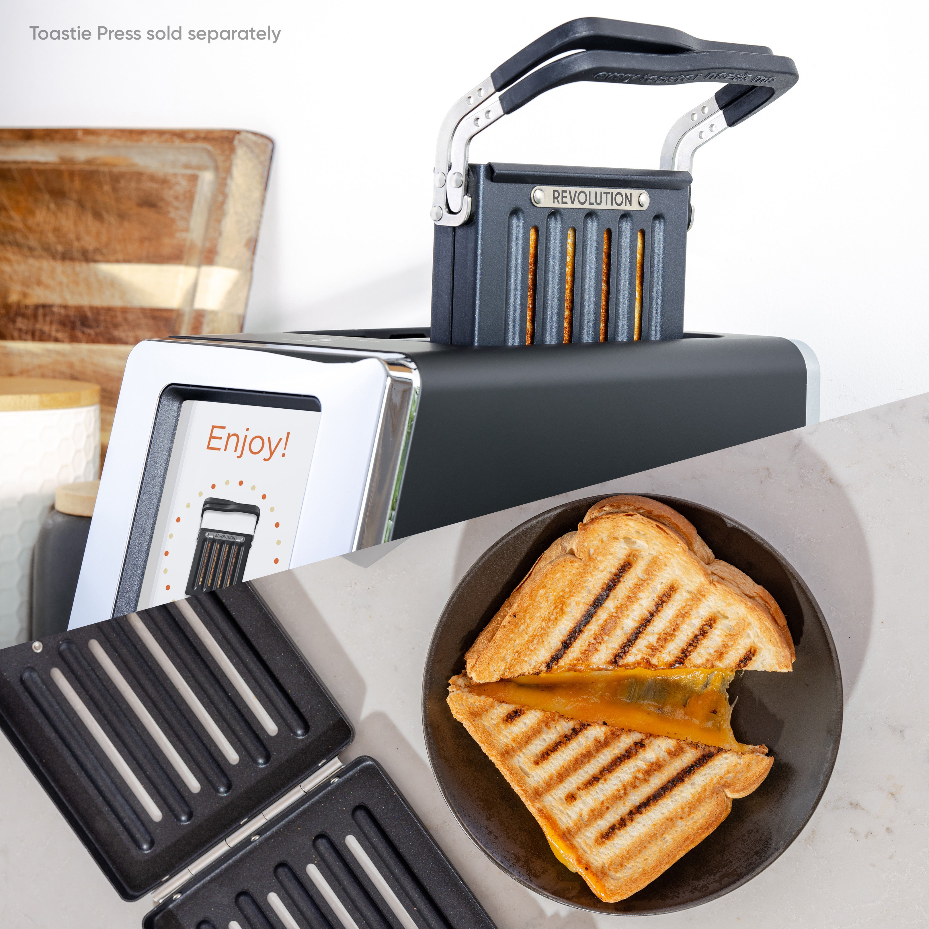 The R180 Connect Smart Toaster by Revolution Cooking features "Enjoy!" on its screen. Powered by InstaGLO® Heating Technology, it excels in Toastie Press Mode (sold separately), as shown with two grilled cheese sandwiches and melted cheese on a plate.