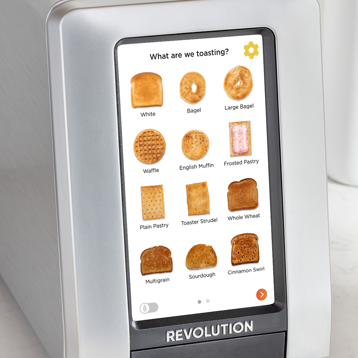 Introducing the R180 Connect Plus Smart Toaster from Revolution Cooking, a state-of-the-art touchscreen toaster that presents a variety of personalized toasting options: white, bagel, waffle, English muffin, frosted pastry, plain pastry, toaster strudel, whole wheat, multigrain, sourdough, and cinnamon swirl. The interactive screen greets you with a friendly query: "What are we toasting?