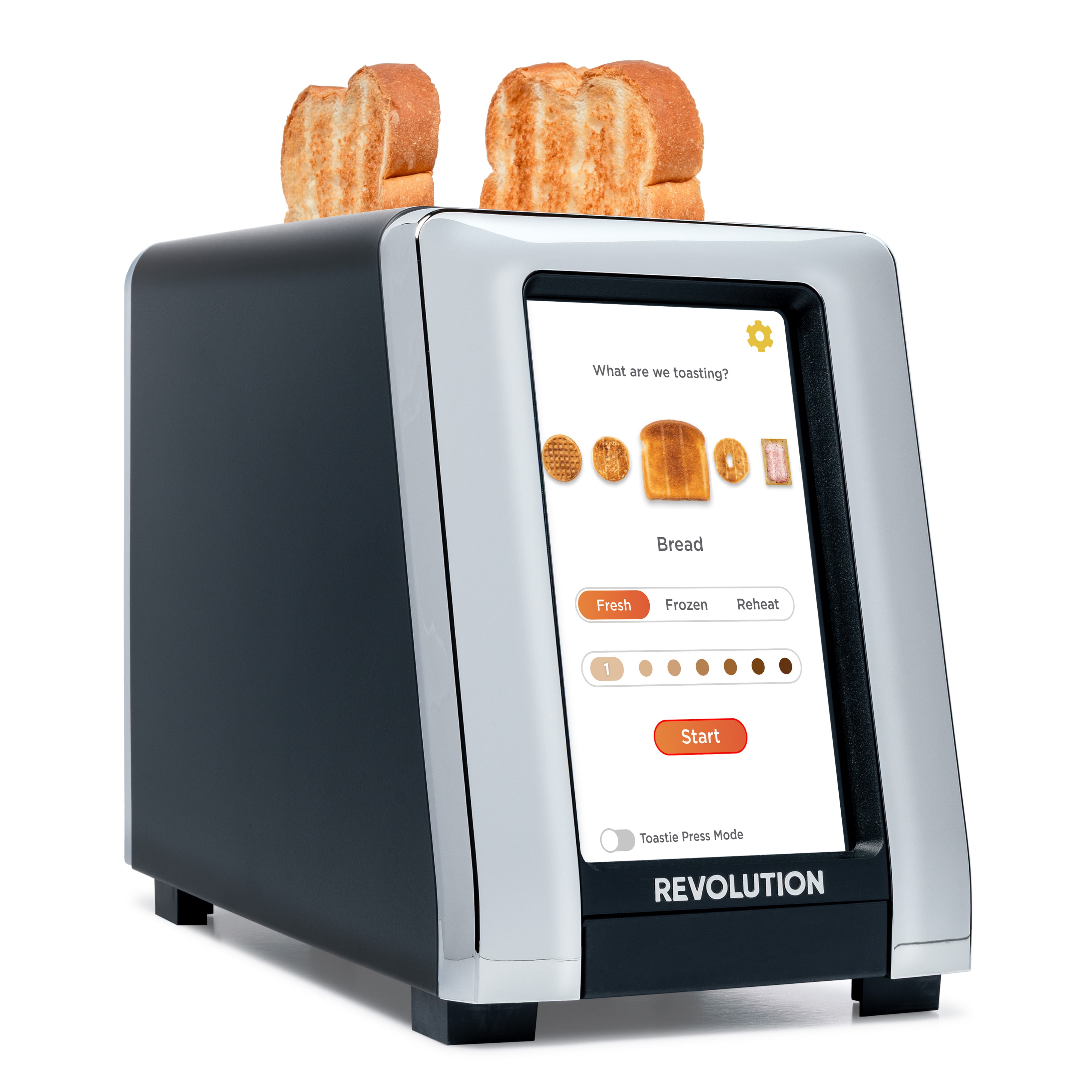 The Revolution Cooking R180 Connect Smart Toaster features a touchscreen display with bread options and settings, toasts two slices of bread in its slots, and displays the "REVOLUTION" logo on the front.