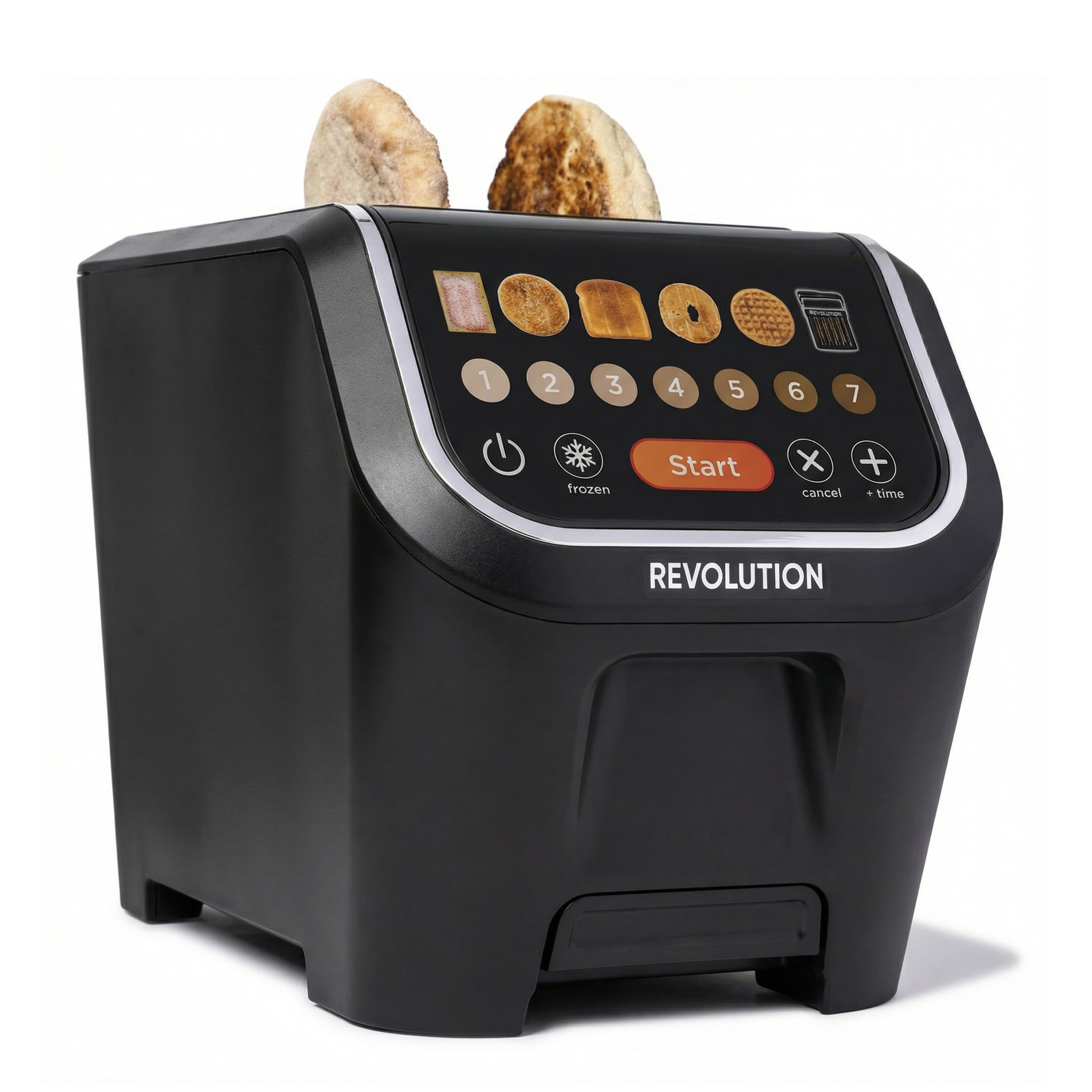 The Revolution Cooking R90 Digital Toaster features a modern black design with a touchscreen showing bread options, numbers, and a large orange start button. Toast two slices at once with customizable settings and InstaGLO technology.