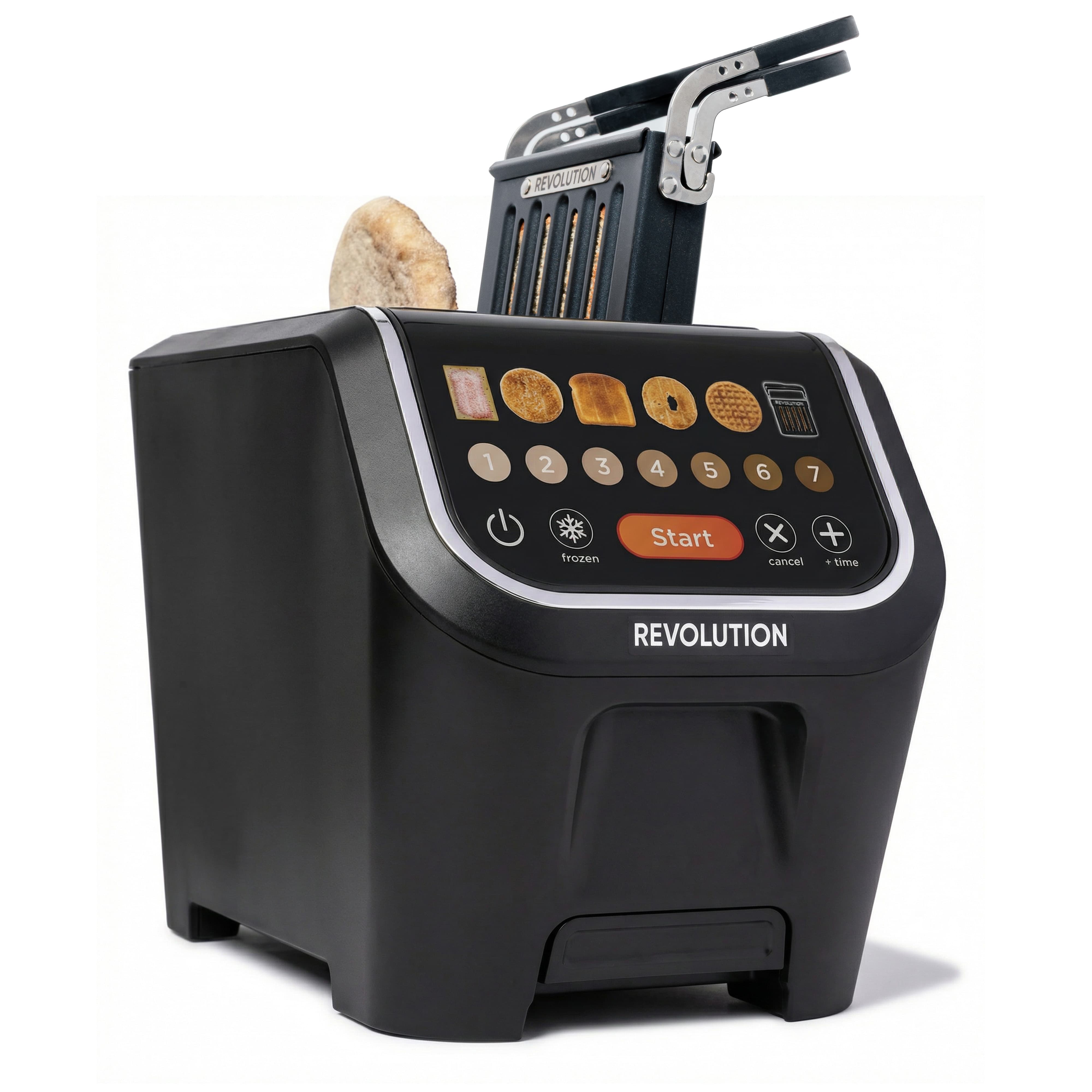 The Revolution Cooking R90 Digital Toaster + Toastie Press in sleek black features InstaGLO technology, a display with toasting options and images, and a large orange "Start" button, perfectly holding a slice of bread.