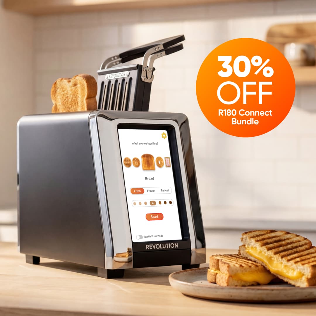 Revolution Cooking’s R180 Connect Matte Black toaster with touchscreen displays bread options. Two slices are toasting, with grilled cheese sandwiches on a plate. An orange circle highlights 30% off the R180 Connect Matte Black + Toastie Press Bundle.