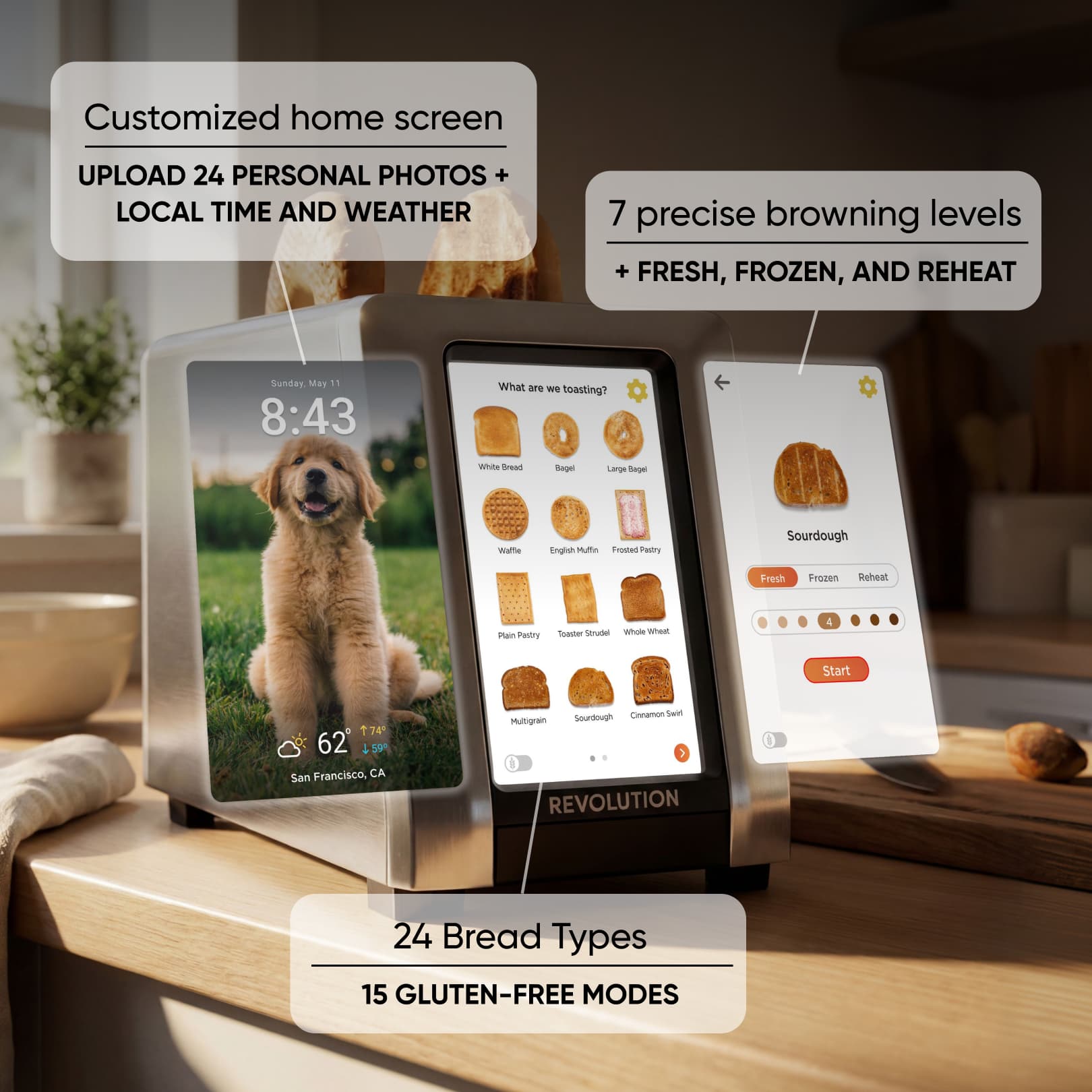 The Revolution Cooking R180 Connect Plus Smart Toaster features Wi-Fi, dual touchscreens for custom home screens, 7 browning levels, 15 gluten-free modes, and lets you upload personal photos to use as a digital photo frame.