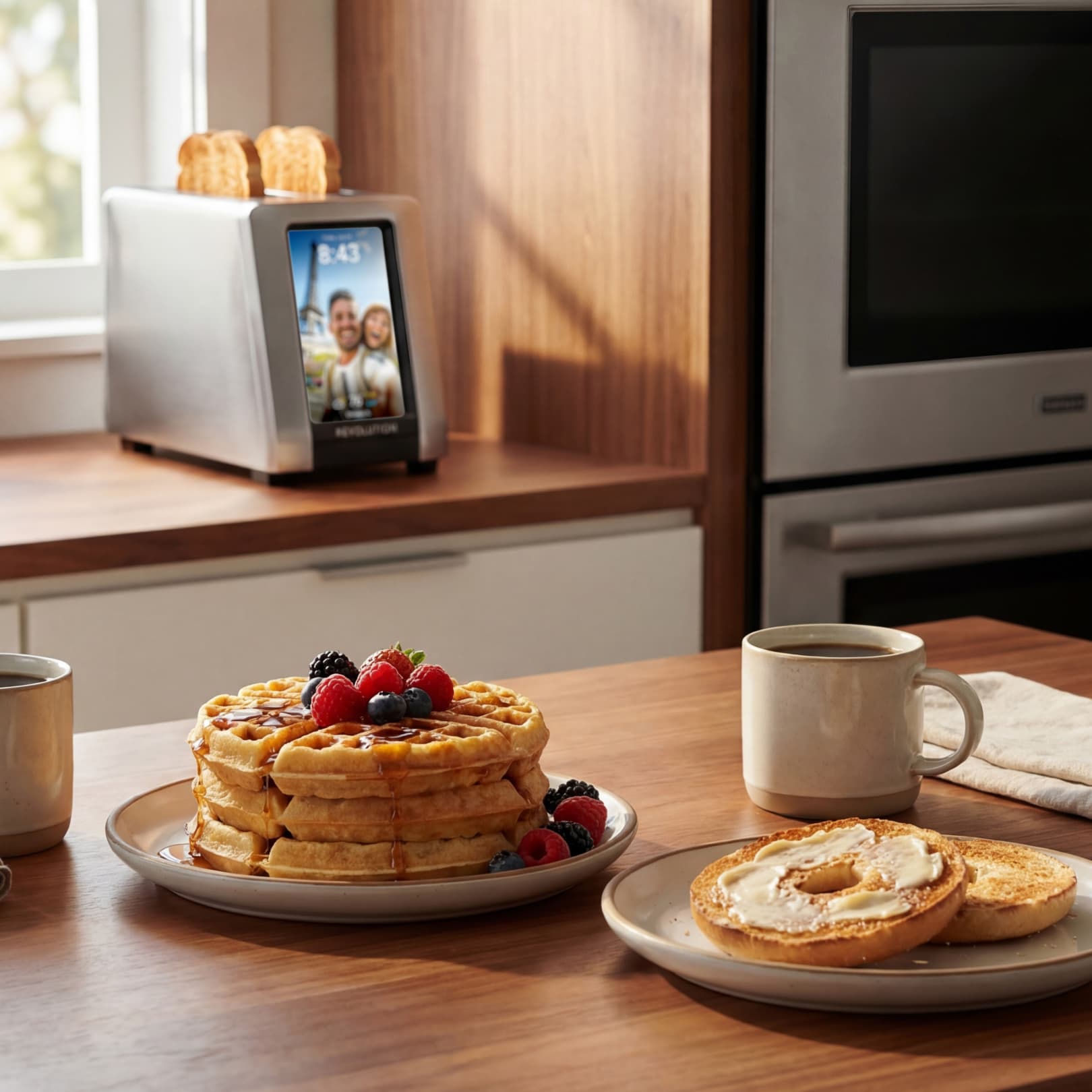 On a kitchen counter sits a plate of waffles with berries and syrup, a toasted bagel with cream cheese, two mugs, and the Revolution Cooking R180 Connect Plus Smart Toaster by Revolution Cooking in the background showing the time.
