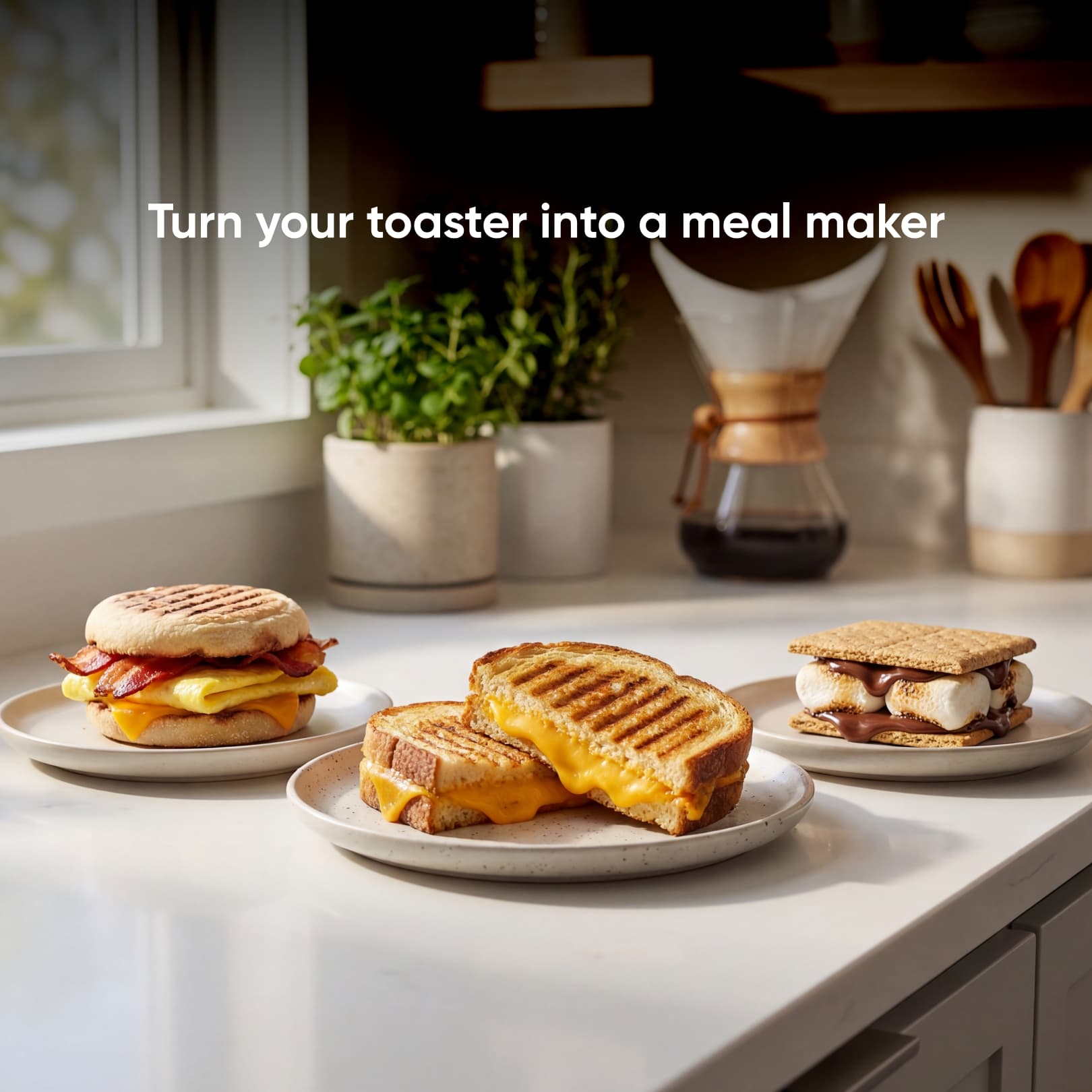 Three plates sit on a kitchen counter, each with a toasted meal—a breakfast sandwich, grilled cheese, and s’mores. Text above reads, "With the Revolution Toastie Press by Revolution Cooking, turn your toaster into a meal maker.