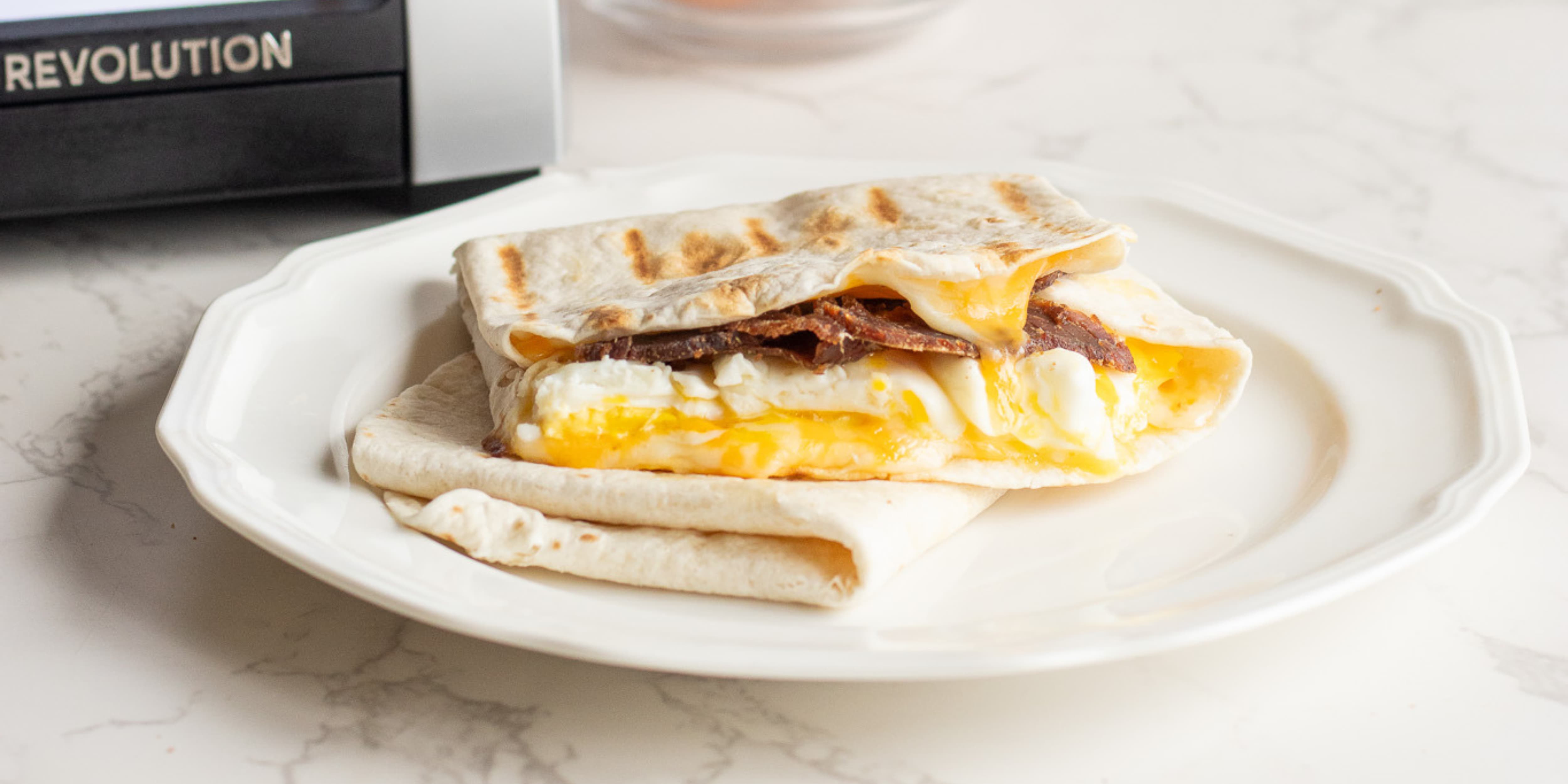 steak and egg breakfast quesadilla pressed in the revolution toastie press