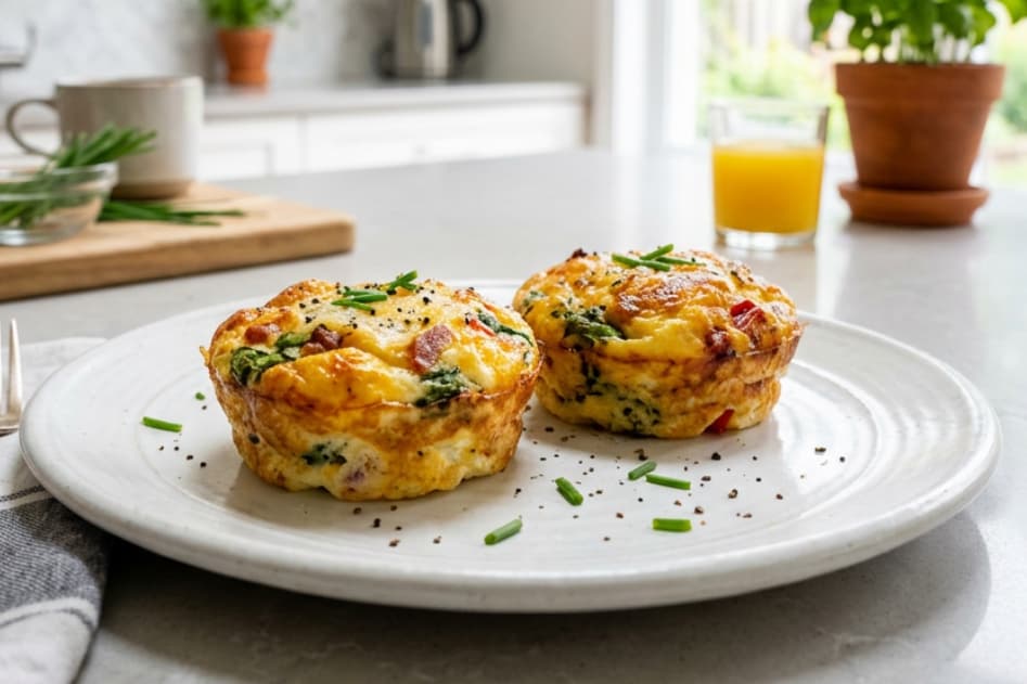 Frozen egg bites being reheated in a toaster press, showing crispy edges and fluffy centers for a meal prep breakfast