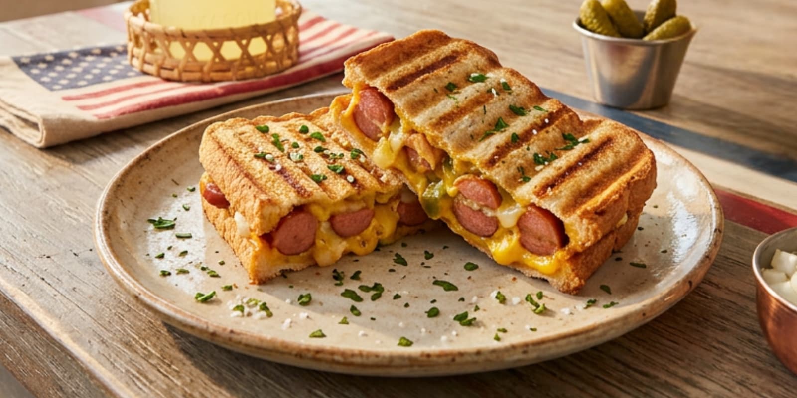 Grilled hot dog melt with melted cheddar, onions, and pickles on toasted bread with grill marks, sliced in half on a plate