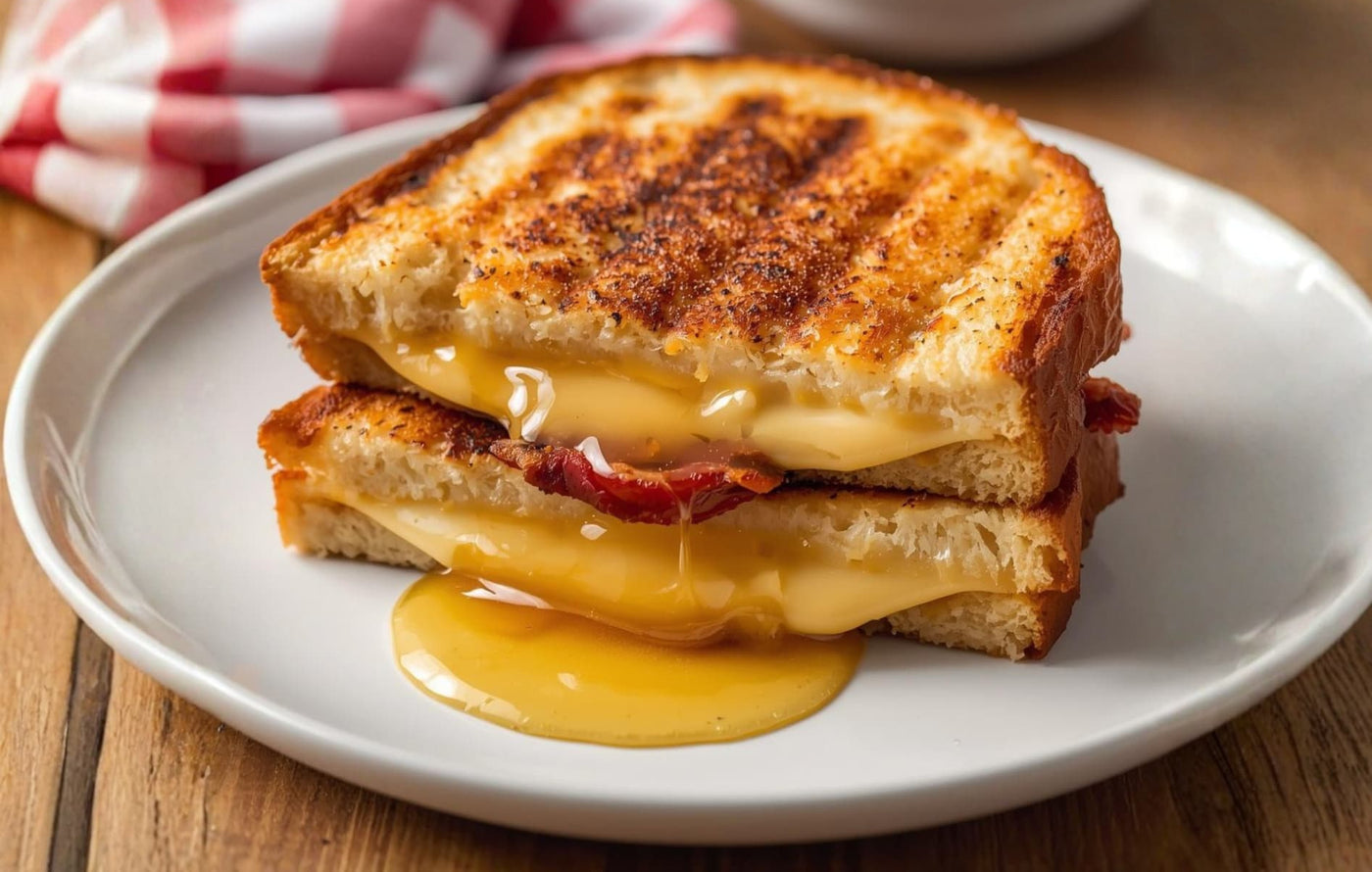 Hot honey bacon grilled cheese sandwich on a white plate, made with crispy golden-brown bread, melted smoked gouda, and layered bacon, finished with a drizzle of honey and a sprinkle of chili flakes.