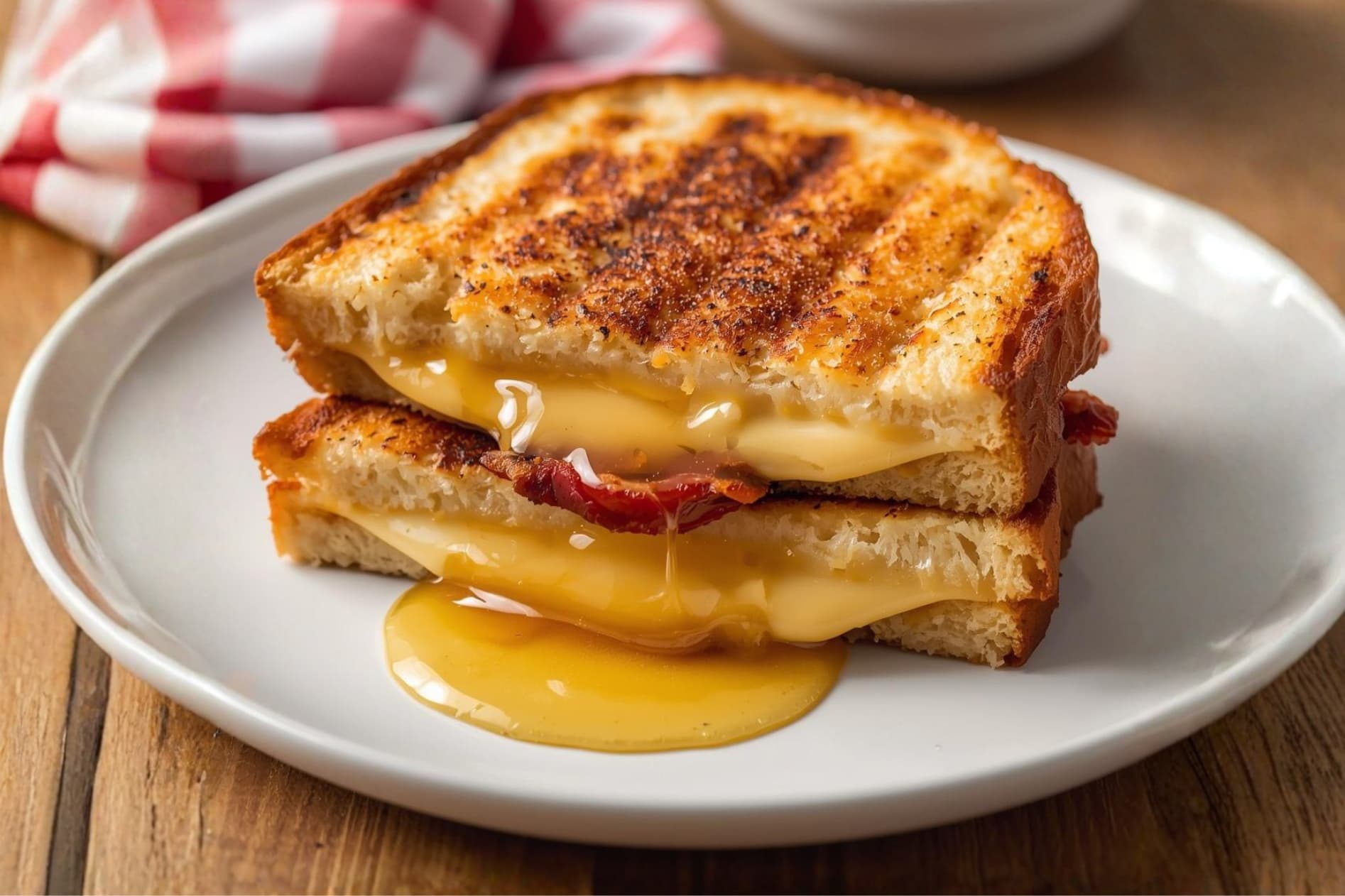 Hot honey bacon grilled cheese sandwich on a white plate, made with crispy golden-brown bread, melted smoked gouda, and layered bacon, finished with a drizzle of honey and a sprinkle of chili flakes.