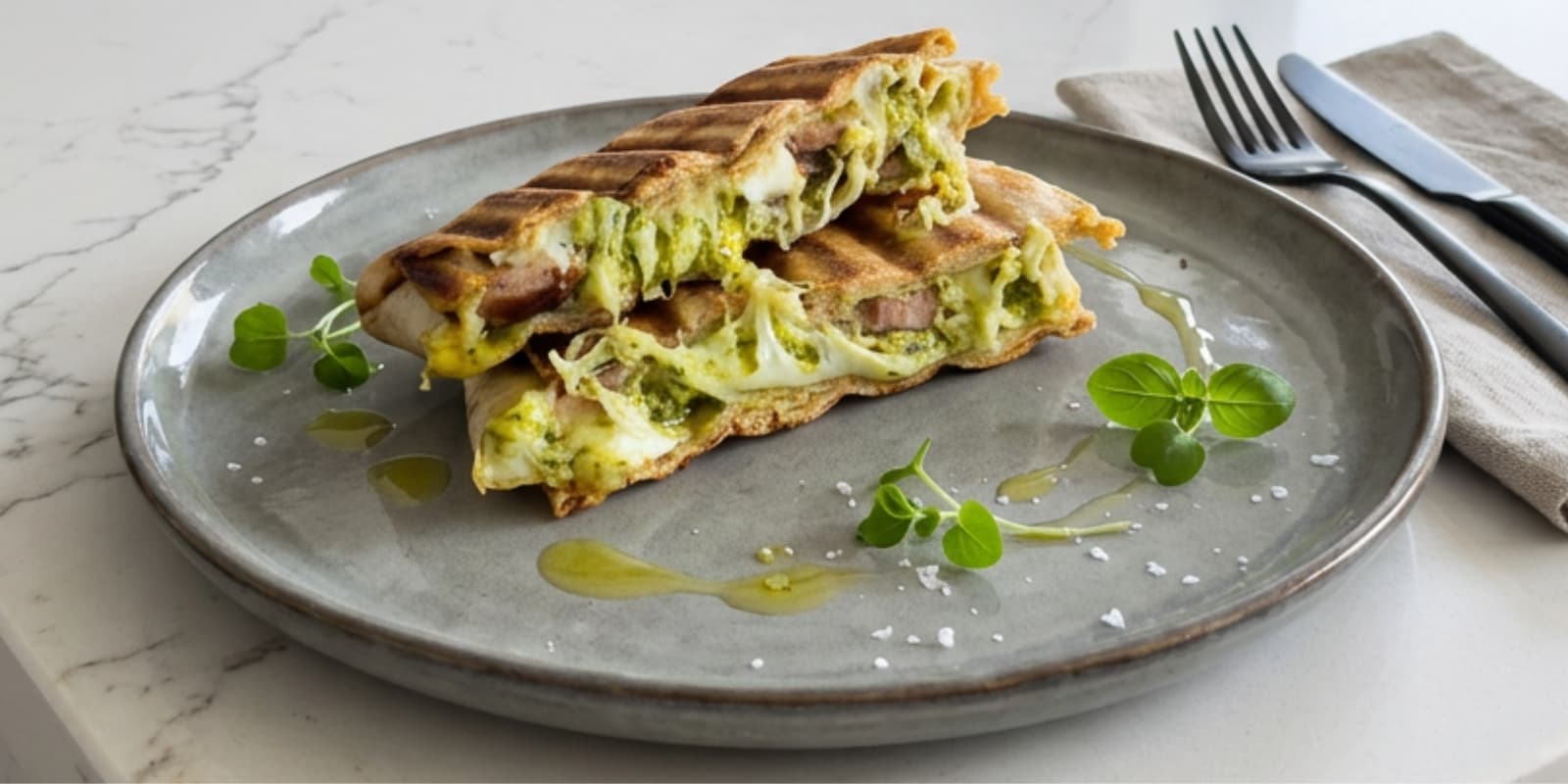 Crispy toasted tortilla wrap sliced in half with melted mozzarella cheese, chicken apple sausage, and pesto filling made in the Revolution Toastie Press™.
