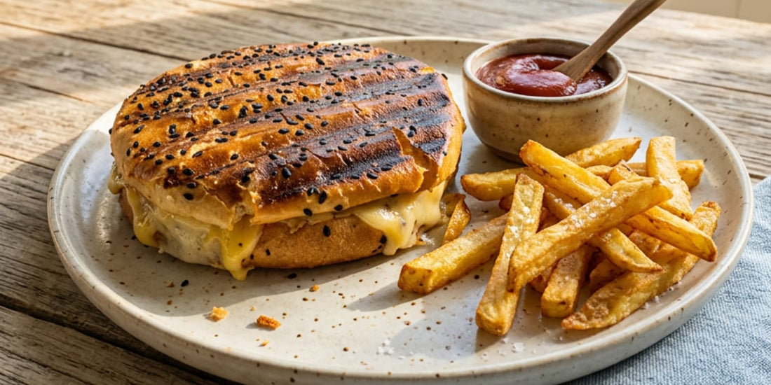 Crispy pressed smashburger melt with double beef patties, melted American and Colby Jack cheese, pickles, and tomato on a toasted sesame seed bun made in the Revolution Toastie Press™.