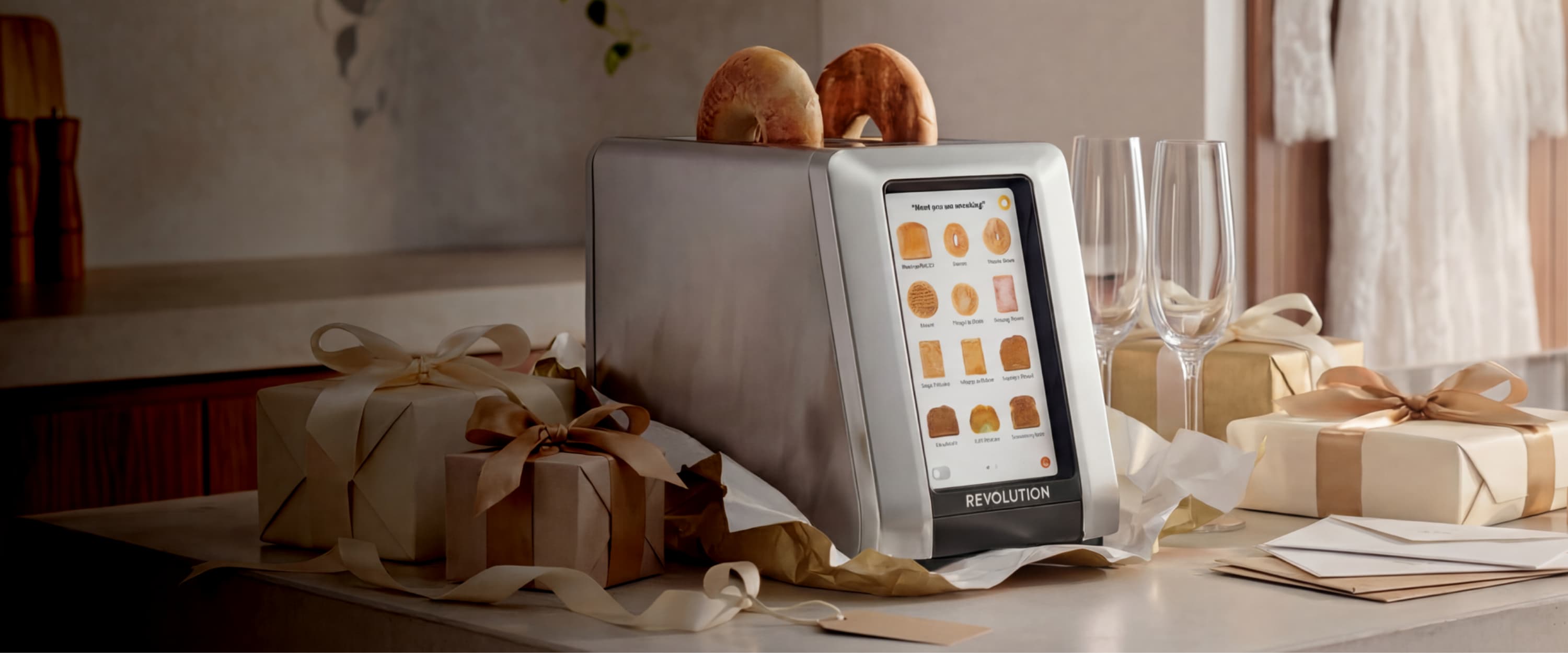 Smart toaster with touchscreen display on a kitchen counter surrounded by wrapped wedding gifts and champagne glasses, styled as a modern wedding or bridal gift scene