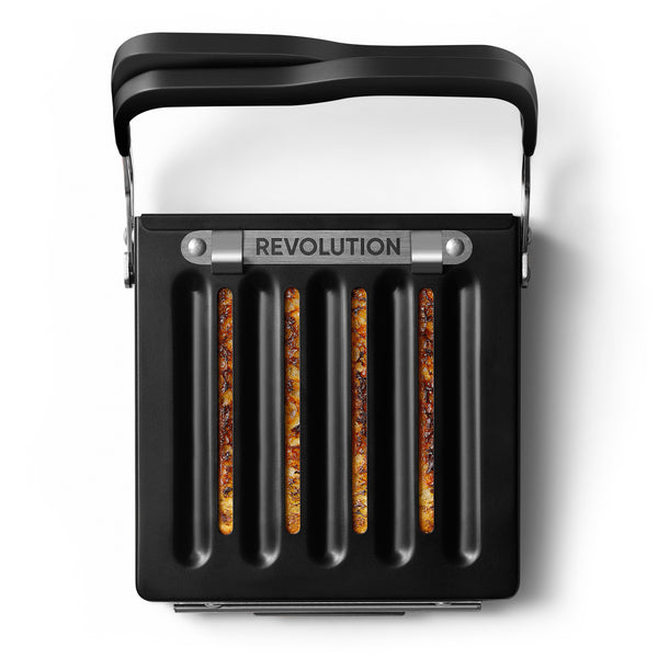 Close-up of the Revolution Cooking Revolution Toastie Press with its lid open, featuring five ridged cooking slots holding a golden-brown grilled sandwich. Ideal for creating delicious toasted sandwiches or quesadillas, the black curved handle ensures an ergonomic grip.