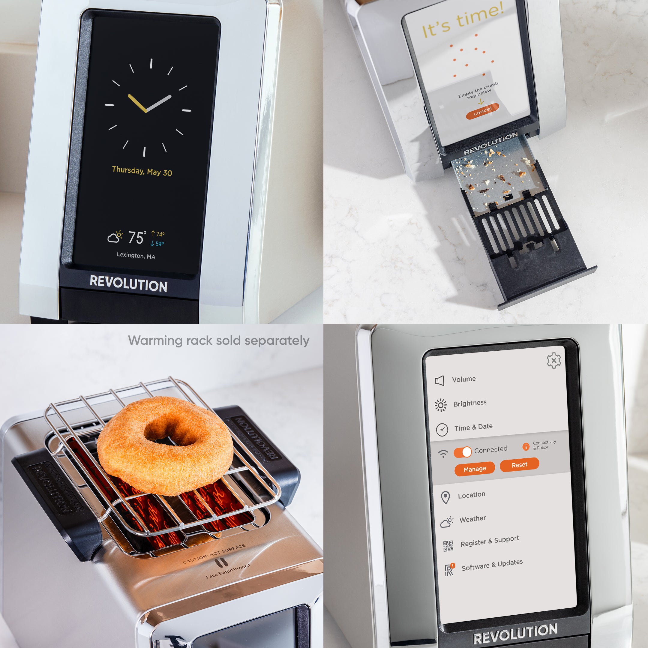 A collage of images features the R180 Connect Smart Toaster by Revolution Cooking, with InstaGLO® Heating Technology. Top left: display shows date, time, weather. Top right: crumb tray and "It's time!" message. Bottom left: donut on warming rack. Bottom right: settings screen options visible.