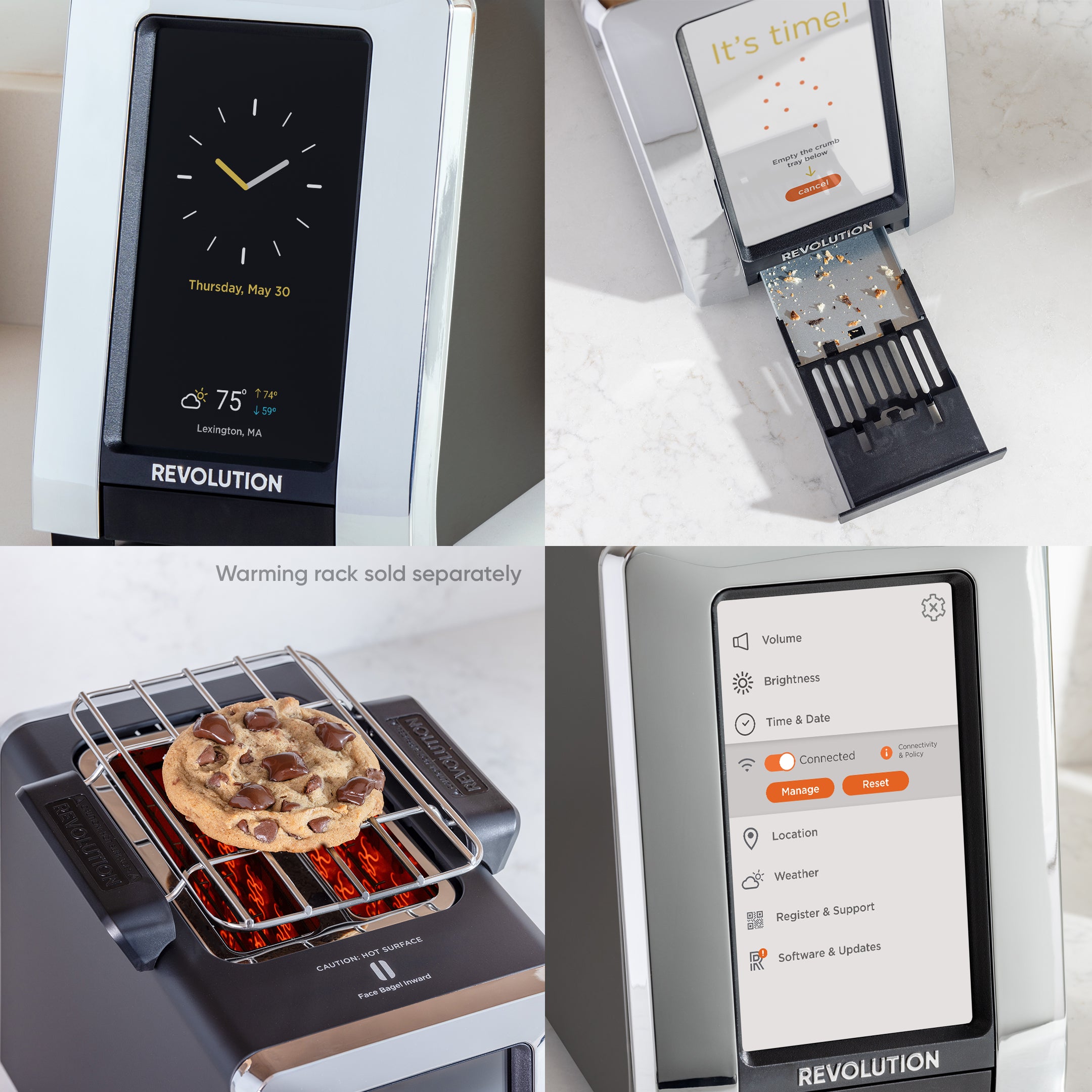 A collage of the Revolution Cooking R180 Connect Smart Toaster: Top left, screen shows date, time, weather; top right features crumb tray with "It's time!" message; bottom left displays cookie on warming rack; bottom right shows menu screen with volume, settings options, and InstaGLO® Heating Technology.