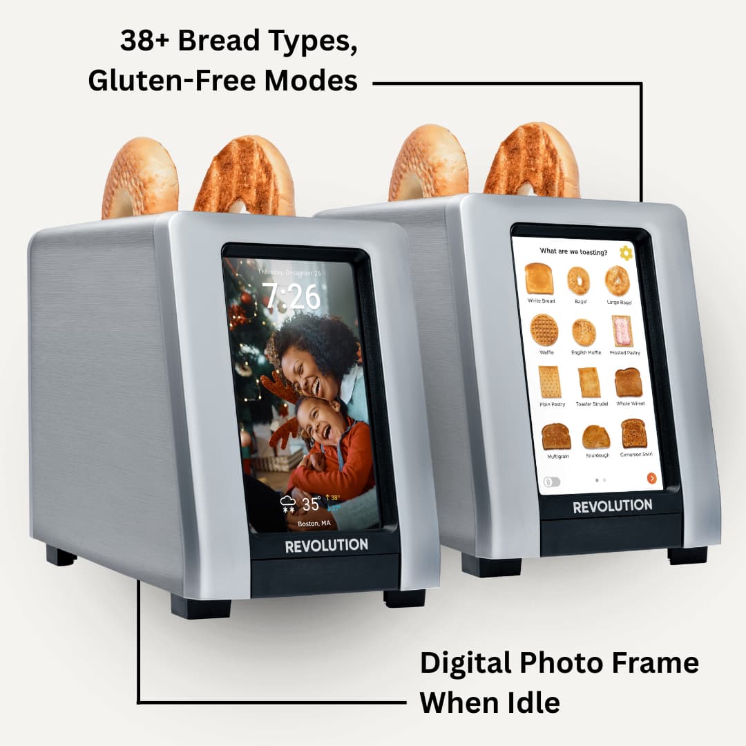 Two Revolution Cooking R180 Connect Plus Smart Toasters, each with bread slices inside. Touchscreens show a family photo clock and bread type options. Text highlights 38+ bread types and digital photo frame feature. Includes Toastie Press and Warming Rack.