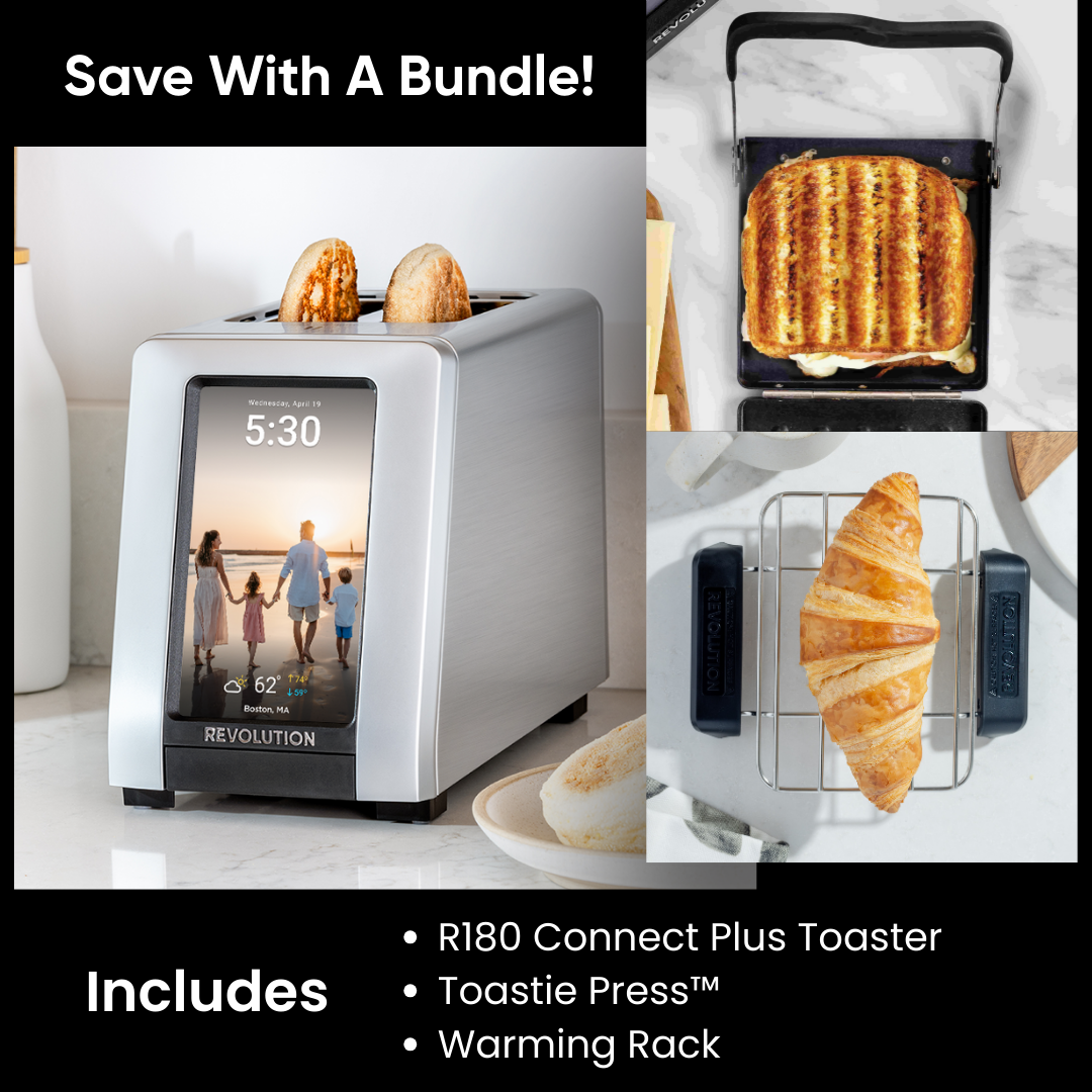 A bundle image features the Revolution Cooking R180 Connect Plus Smart Toaster, toastie press with a heated sandwich, and a croissant on the warming rack. Text lists: toaster, toastie press, and warming rack.