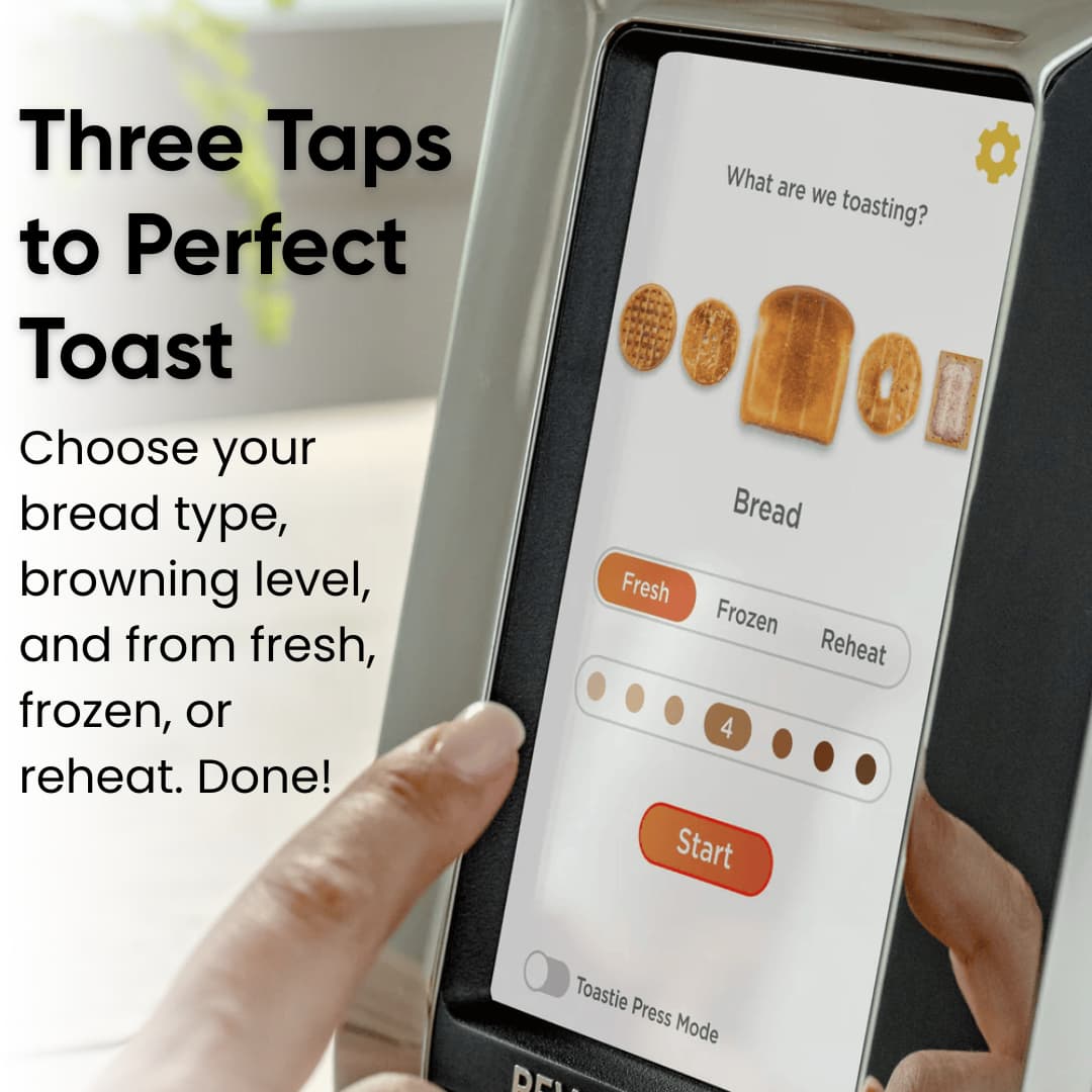 A hand taps the touchscreen of the Revolution Cooking R180 Connect Plus Smart Toaster, easily choosing bread type, browning level, and fresh, frozen, or reheat. Three taps to perfect toast—done! Includes Toastie Press and Warming Rack.