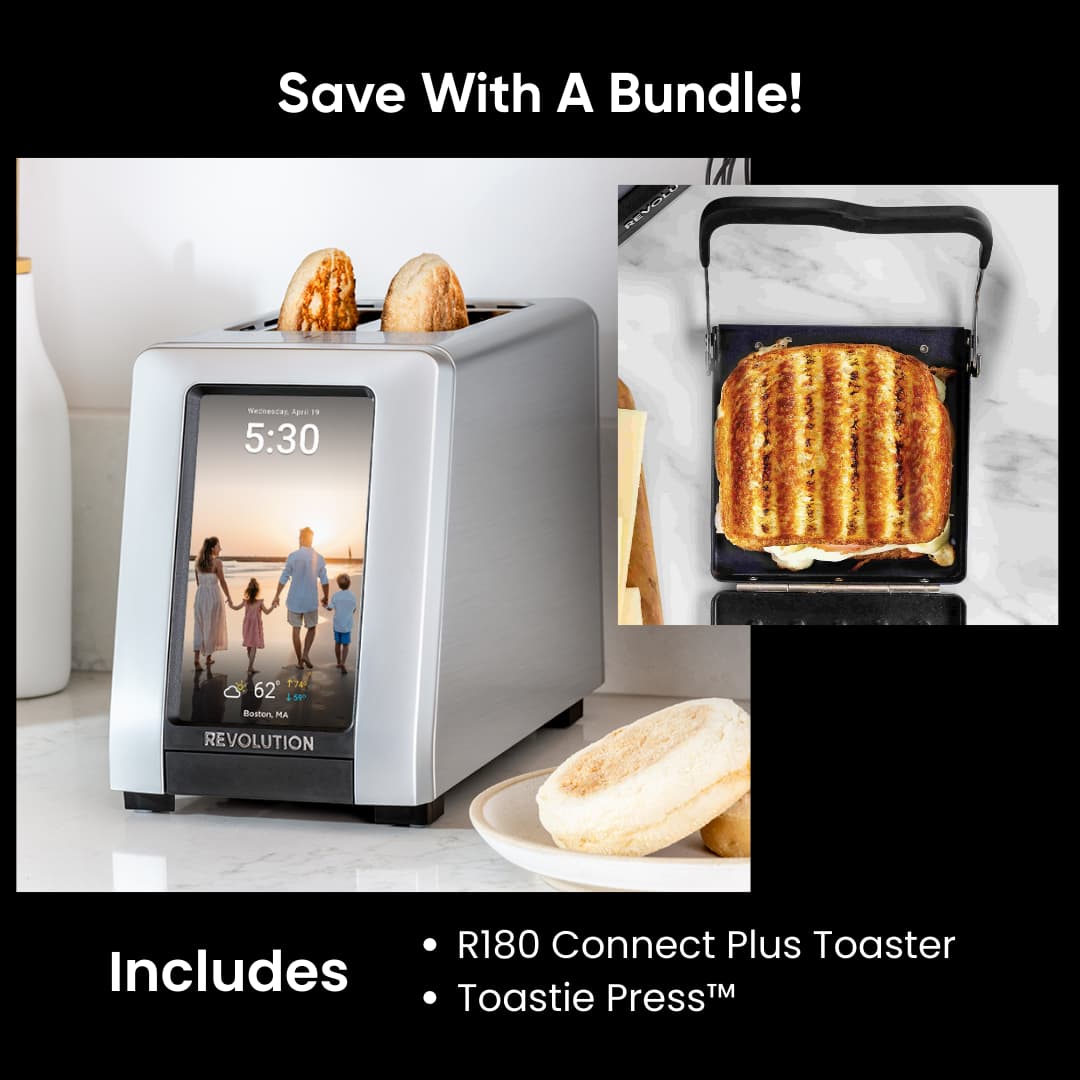 A modern toaster with a touchscreen shows family photos and temps while toasting bagels; nearby, a sandwich cooks in a press. Text: "Save With A Bundle! Revolution Cooking R180 Connect Plus Smart Toaster + Toastie Press.
