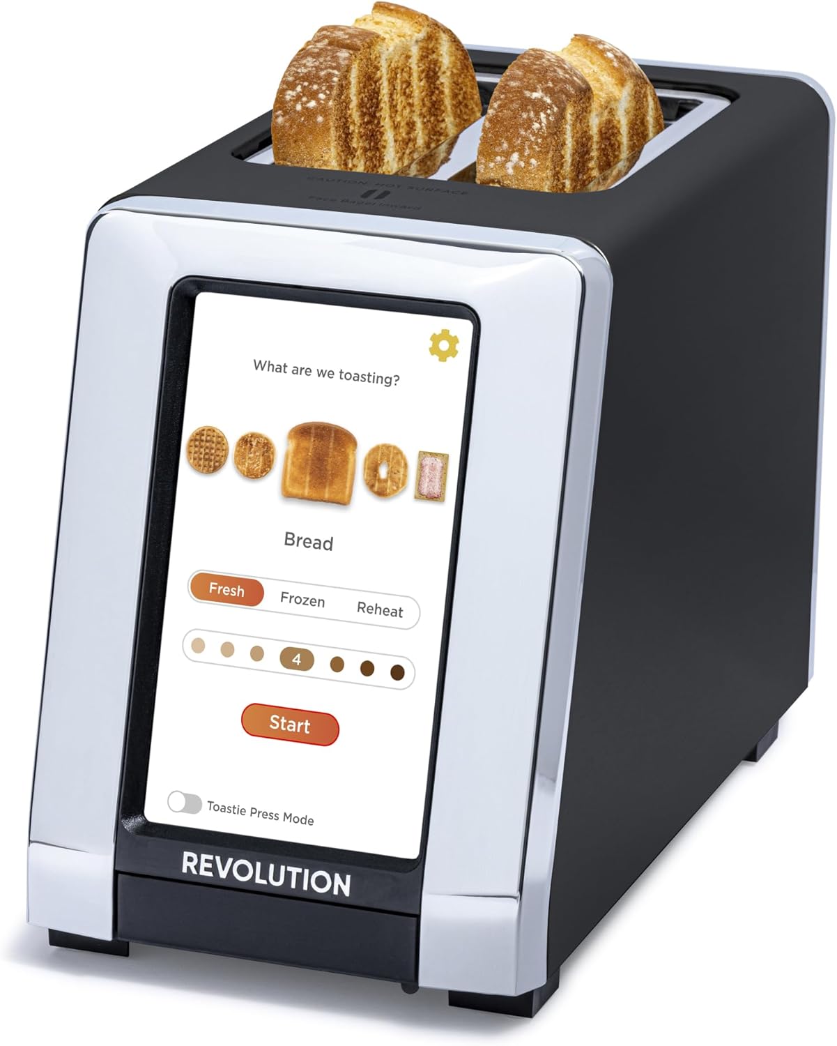 The R180 Connect Plus Smart Toaster by Revolution Cooking is a sleek, modern appliance that holds two slices and features an interactive display with InstaGLO® 2.0 technology for customizable toasting. Options include fresh, frozen, reheat, and settings ranging from 1 to 7.