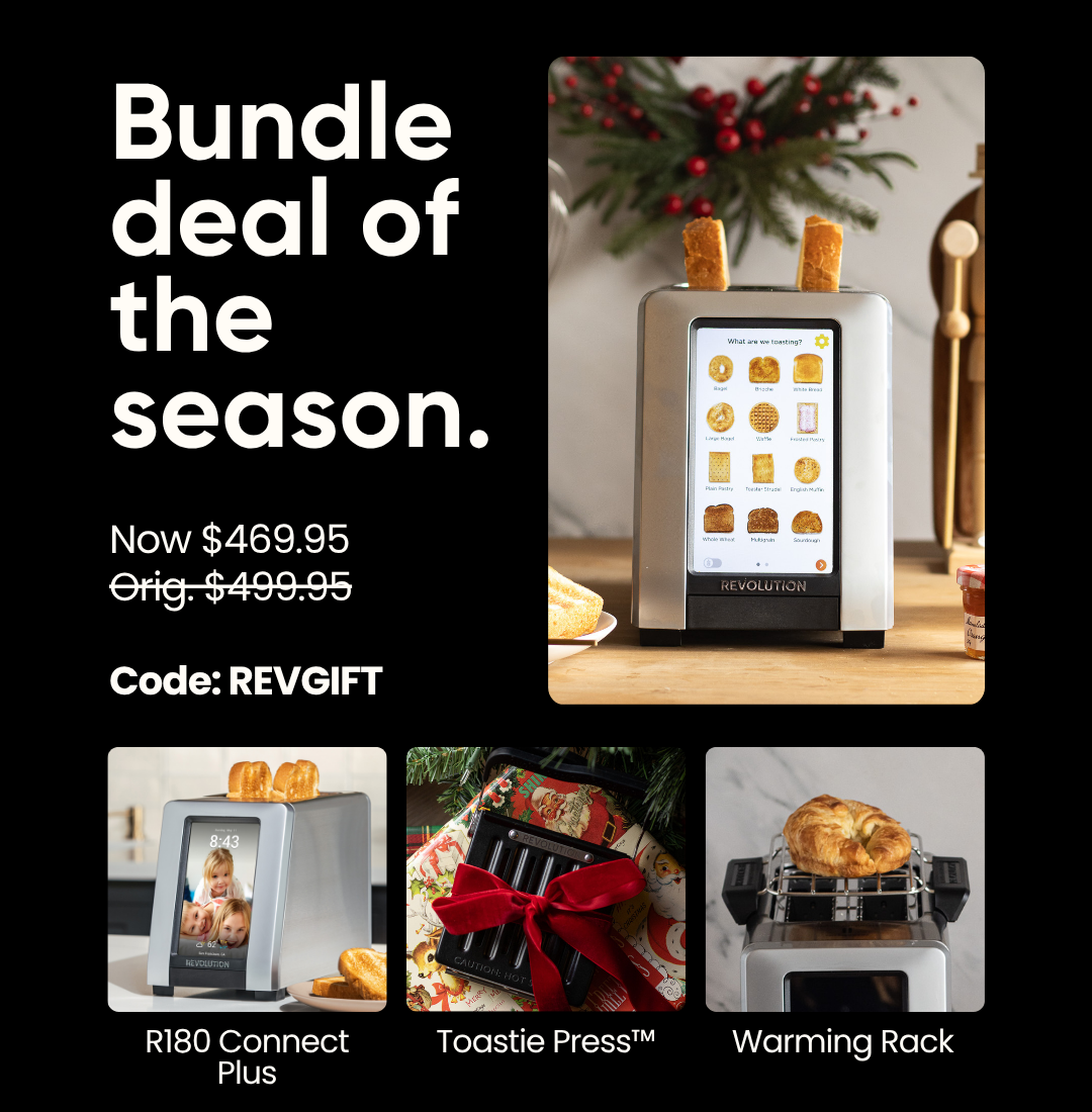 Festive promo image for Revolution Cooking’s R180 Connect Plus Smart Toaster, Toastie Press, and Warming Rack bundle—enjoy holiday vibes and save with code "REVGIFT".