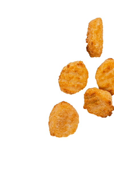 Five crispy, golden-brown chicken nuggets arranged on a white background, with some nuggets positioned at different angles, creating a scattered effect.