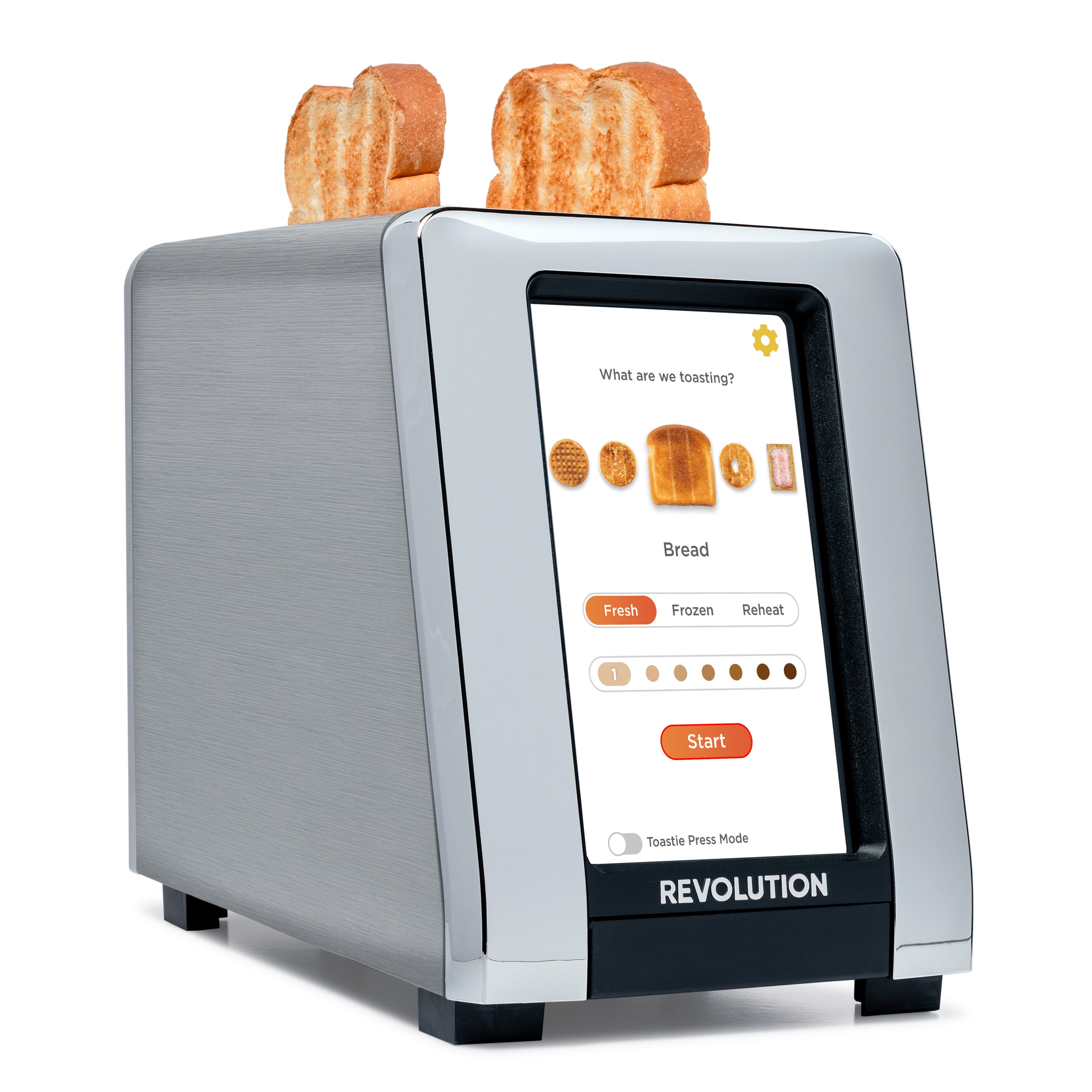 A modern stainless steel R180 Connect Smart Toaster by Revolution Cooking, shown with two slices of bread and a touchscreen displaying toasting options, features InstaGLO heating technology and the brand logo at its base.