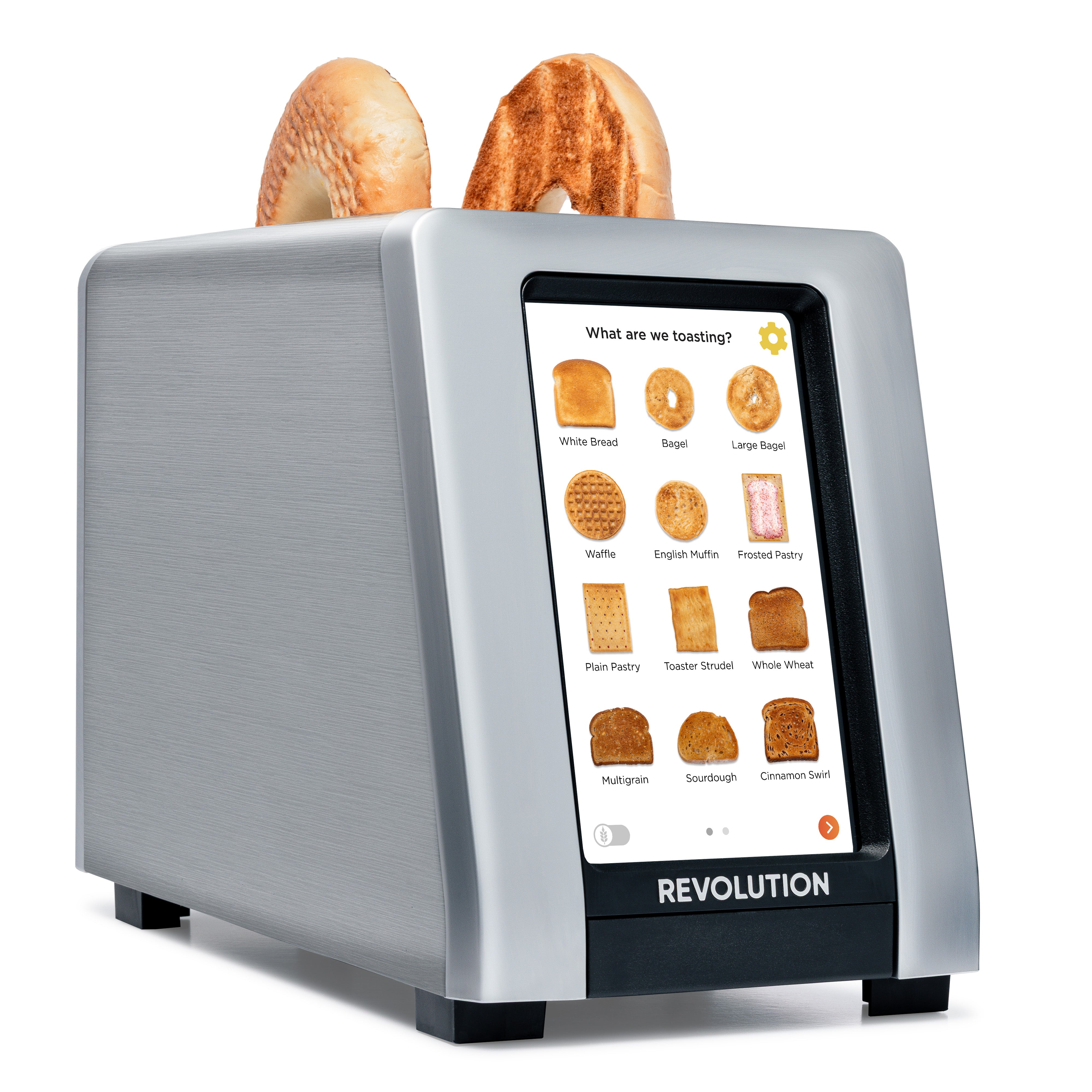 The Revolution Cooking R180 Connect Plus Smart Toaster features a Wi-Fi smart display with bread, bagel, waffle, pastry, and gluten-free toasting options. Two slices of bread are partially toasted in the top slots.