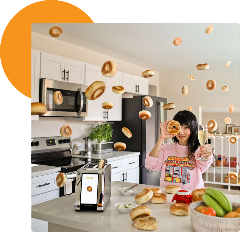 Revolution InstaGLO R180 Toaster. Multiple bagels floating in kitchen.  - Desktop