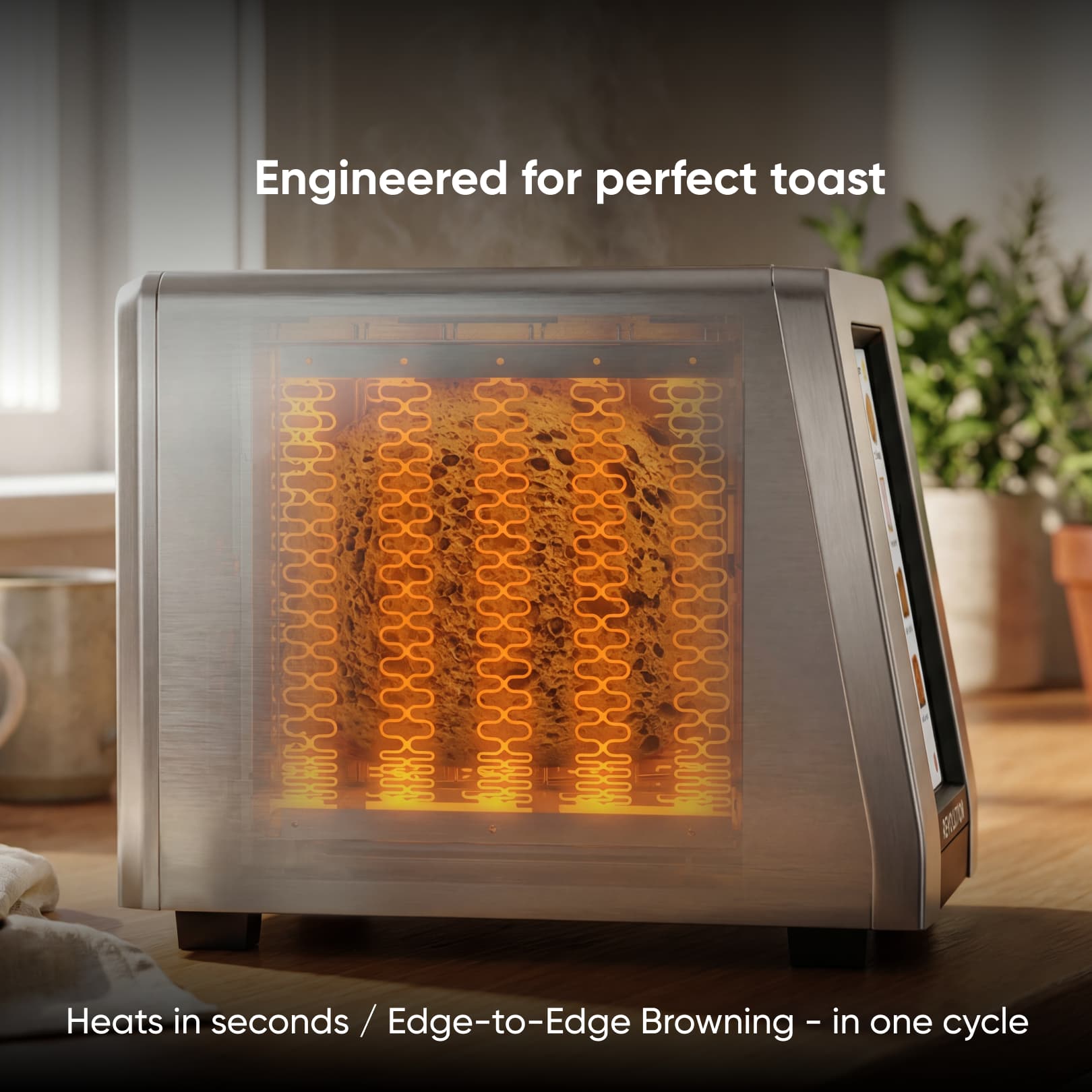 The Revolution Cooking R180 Connect Plus Smart Toaster features glowing elements browning bread slices. Text above: "Engineered for perfect toast." Below: "Heats in seconds / Edge-to-Edge Browning – in one cycle.