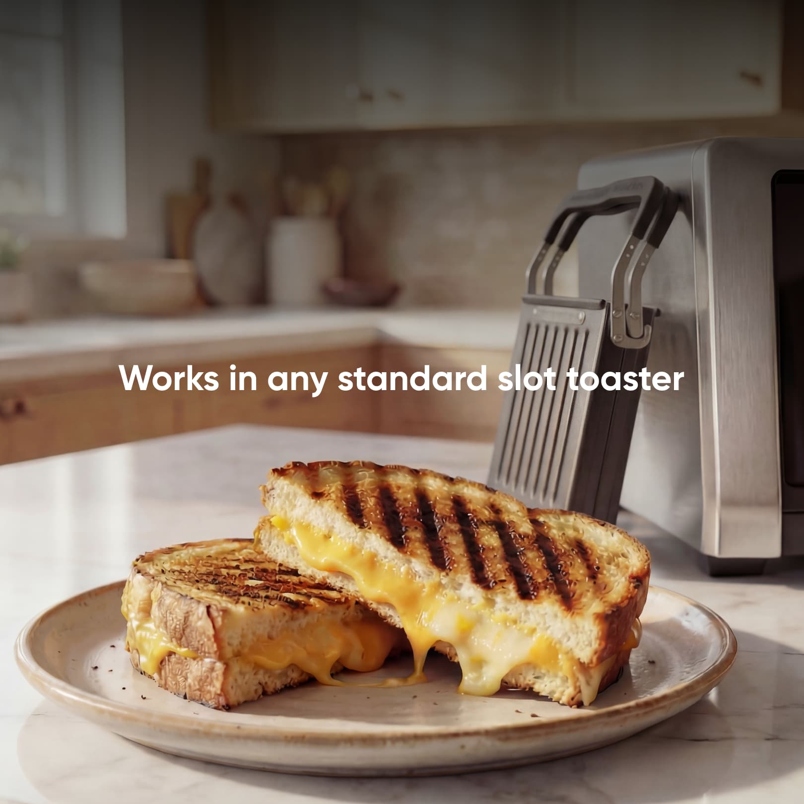 A grilled cheese sandwich with melted cheese sits on a plate atop a kitchen counter. Behind it, the Revolution Toastie Press by Revolution Cooking is inserted into a slot toaster. Text: “Works in any standard slot toaster.”.