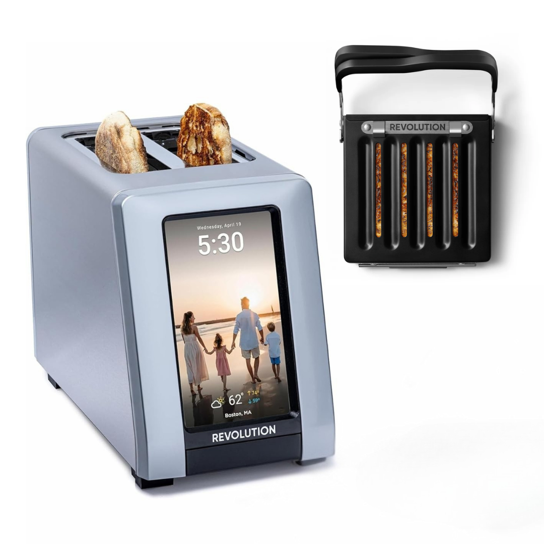 The Revolution Cooking R180 Connect Plus Smart Toaster with a touchscreen displays a family photo, time, and weather. Beside it, the black Toastie Press accessory holds toasted bread.