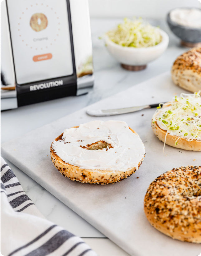 Revolution InstaGLO R180 Toaster. Everything bagel with cream cheese and sprouts. 
