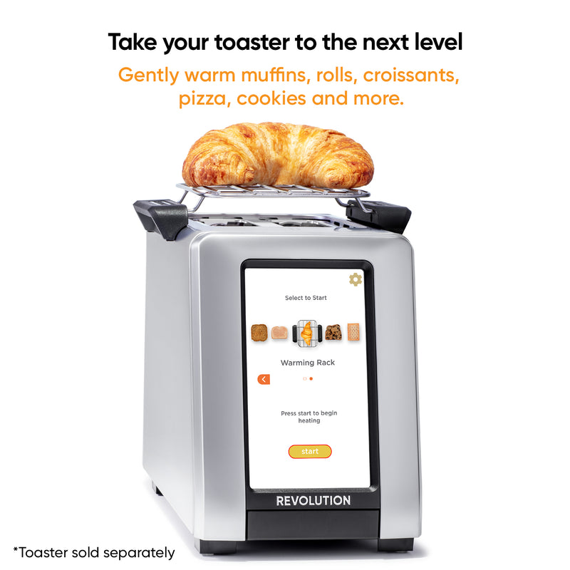 Revolution InstaGLO R270 on a white background with the warming rack and croissant on top. Screen on warming rack mode. Text says "Take your toaster to the next level. Gently warm muffins, rolls, croissants, pizza, coolies, and more. toaster sold separately" 