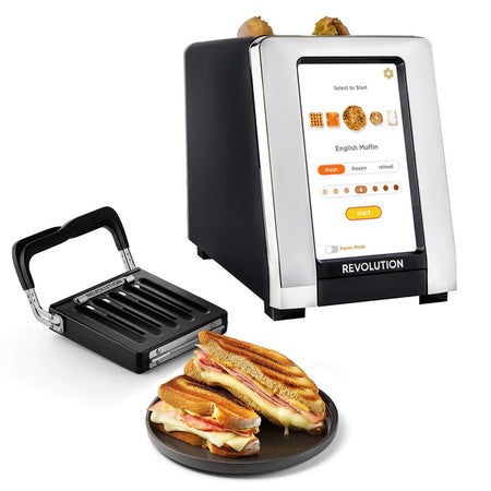 Revolution InstaGLO® R180B Toaster, panini press accessory, and panini.